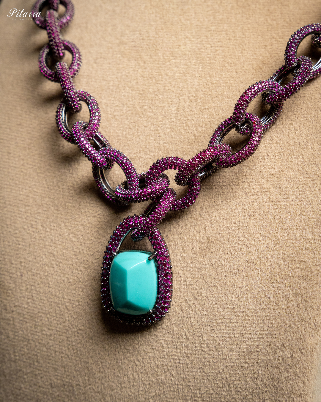 Turquoise Blue Stone Pink Chain CZ Necklace Set_Zoom Angle