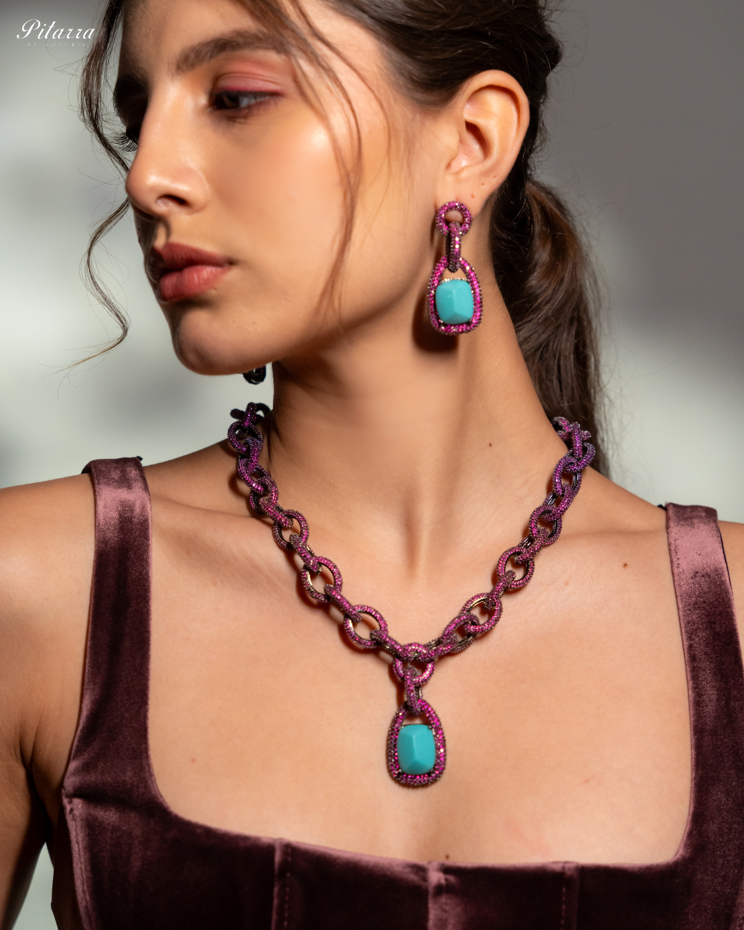 Turquoise Blue Stone Pink Chain CZ Necklace Set_Zoom Image