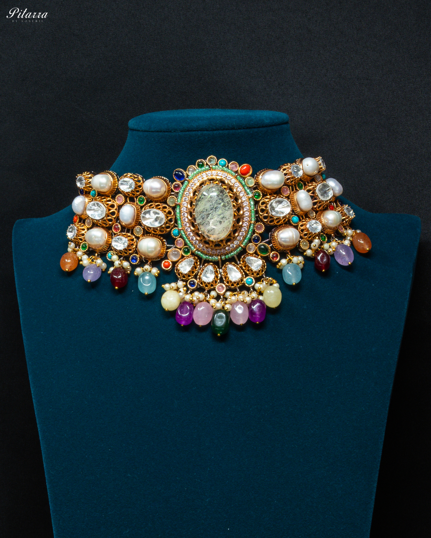 White Crystal Gold Plated Fusion Choker_Front Image