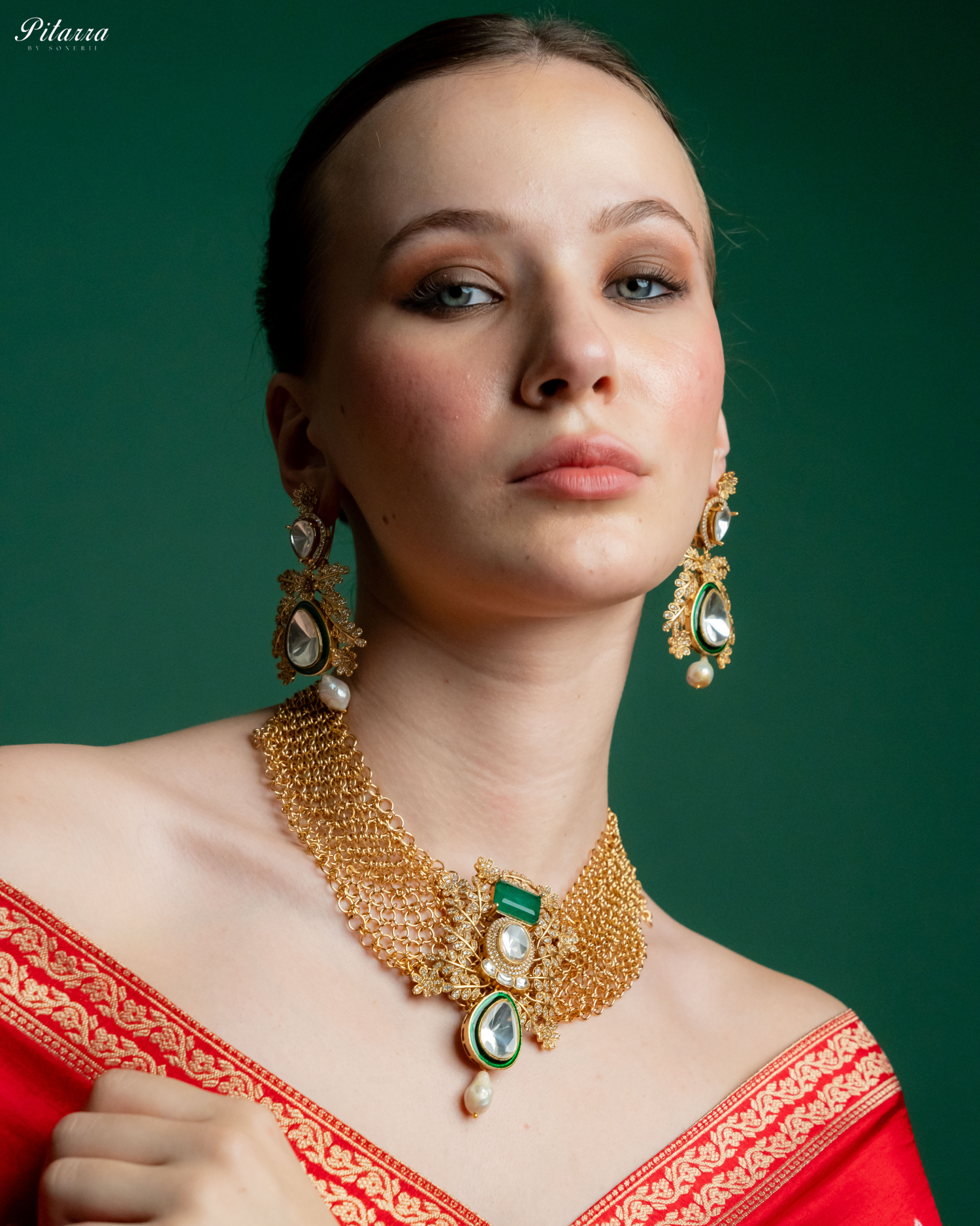 White Crystal Studeed Kundan Necklace Set_Front Image