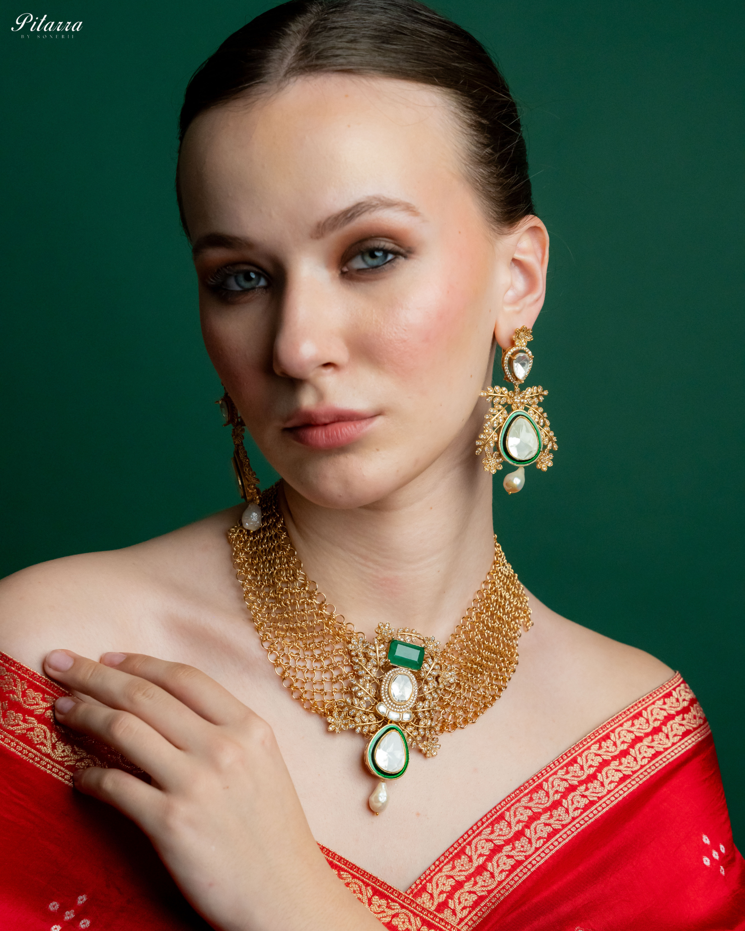 White Crystal Studeed Kundan Necklace Set_Image