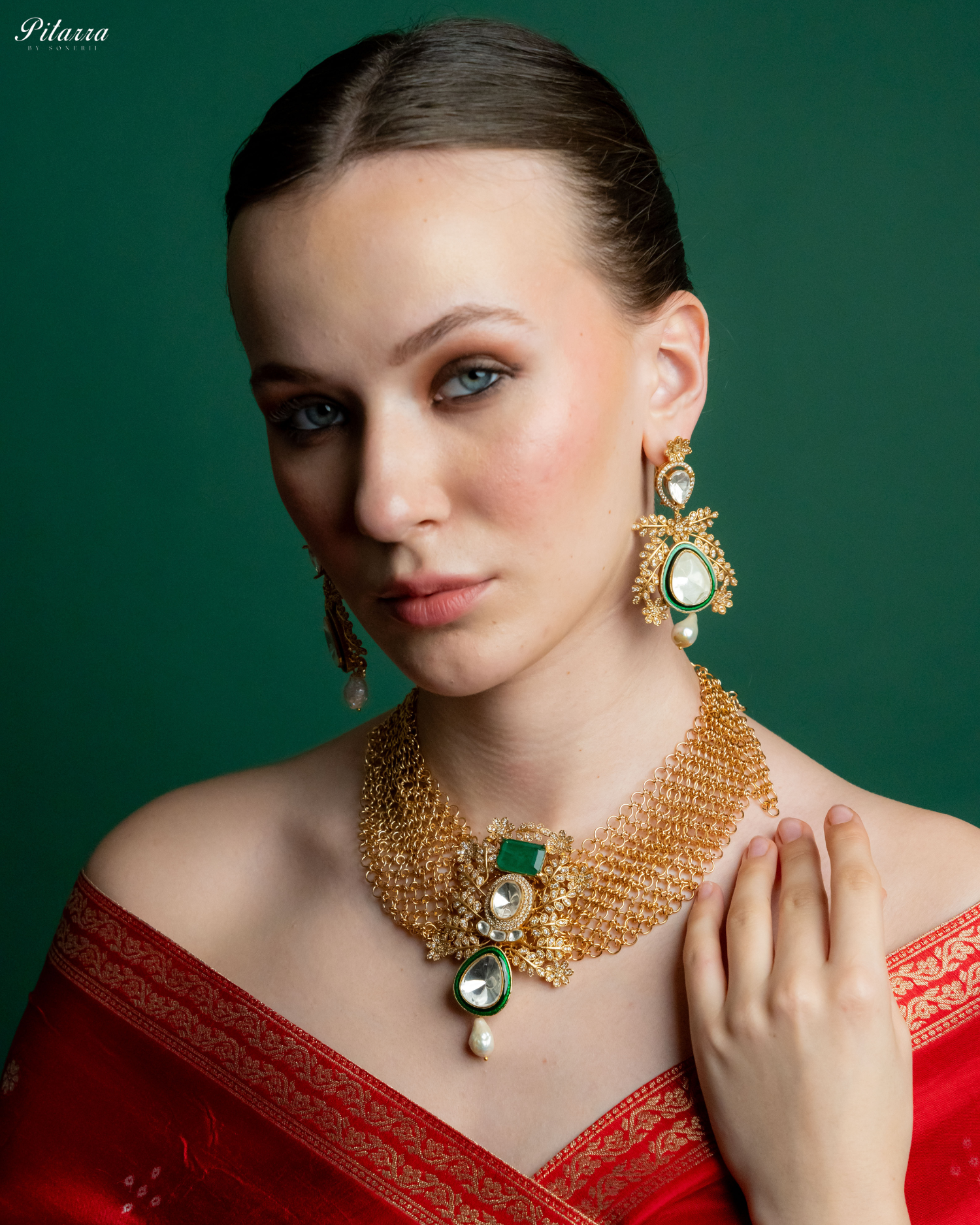 White Crystal Studeed Kundan Necklace Set_Left Angle