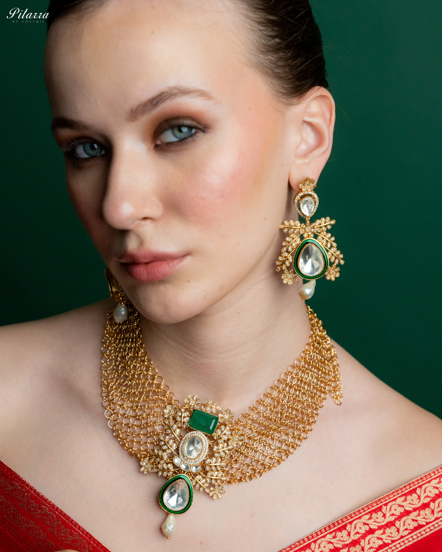 White Crystal Studeed Kundan Necklace Set_Left Pose
