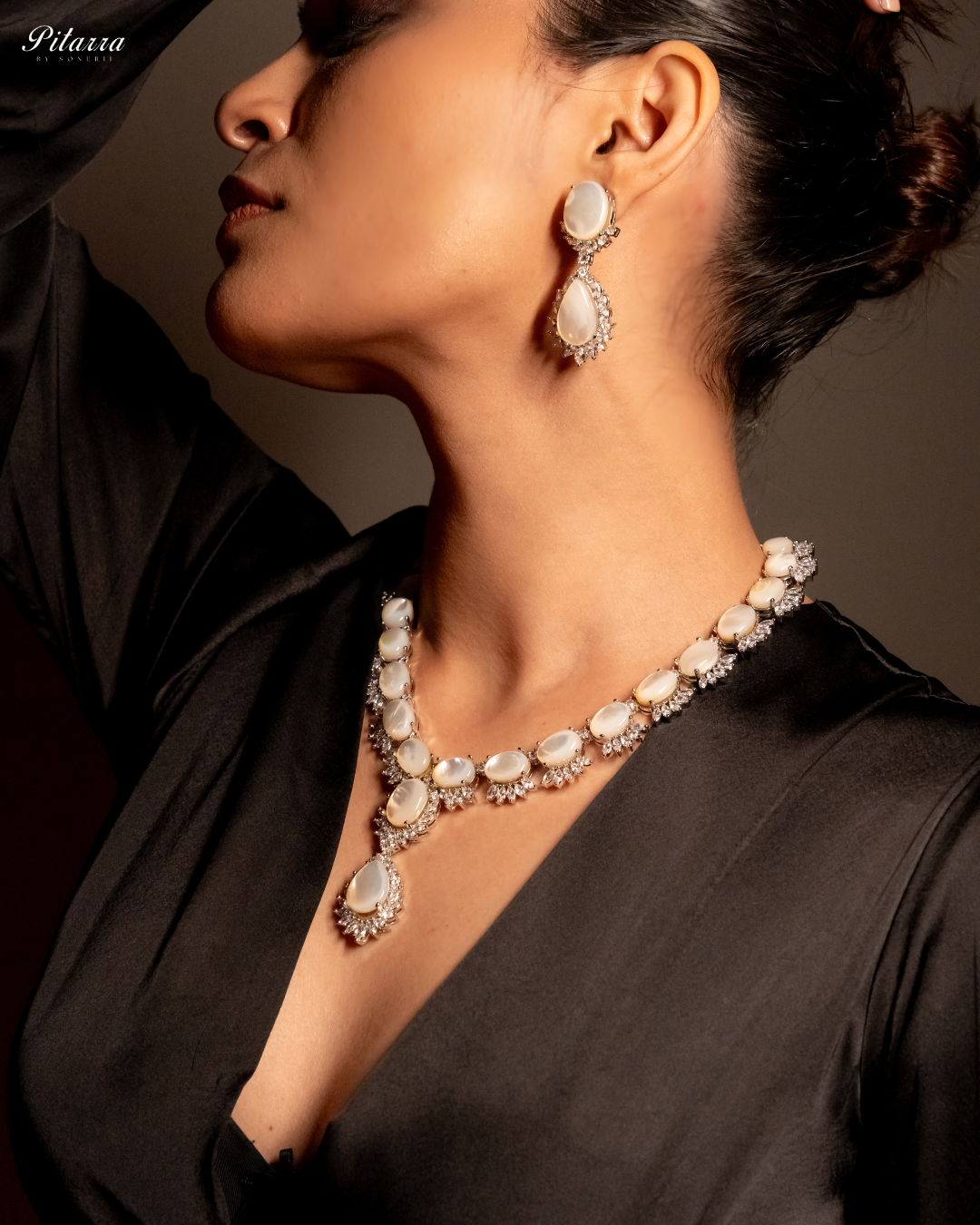 White Finish Zircon Silver Necklace Set_Left Angle
