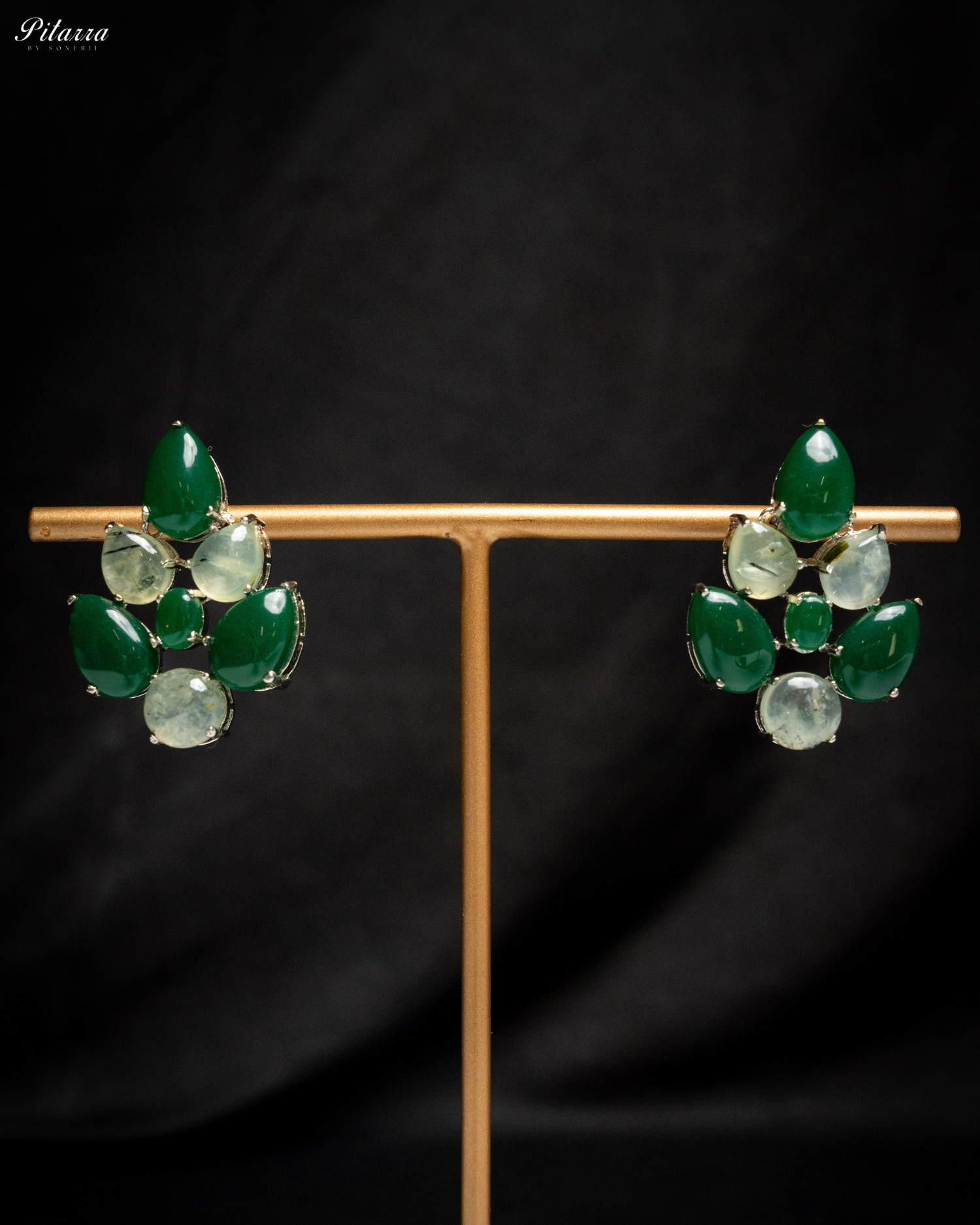 White Green Ethnic Stud Earrings_Front Image