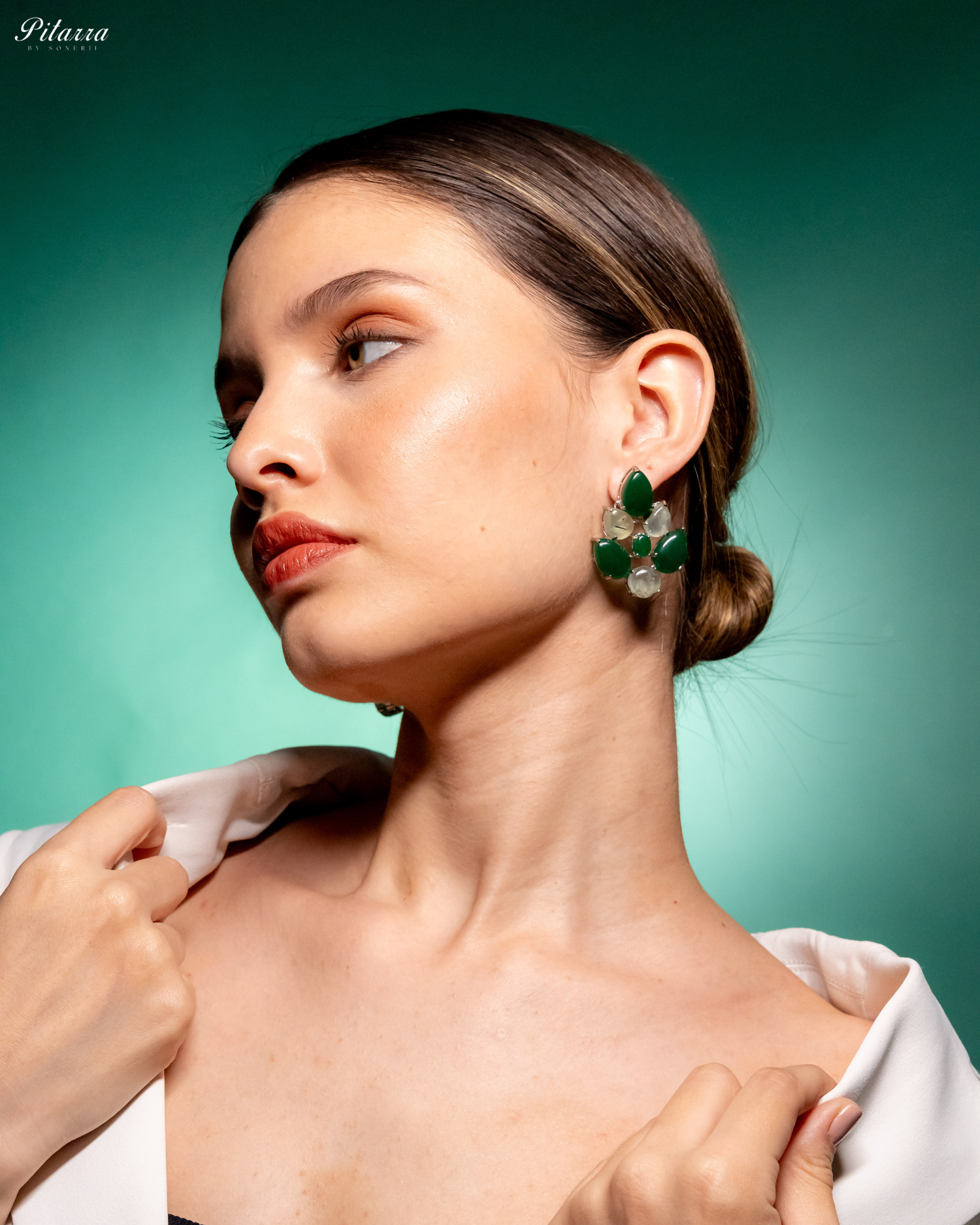 White Green Ethnic Stud Earrings_Side Pose Image
