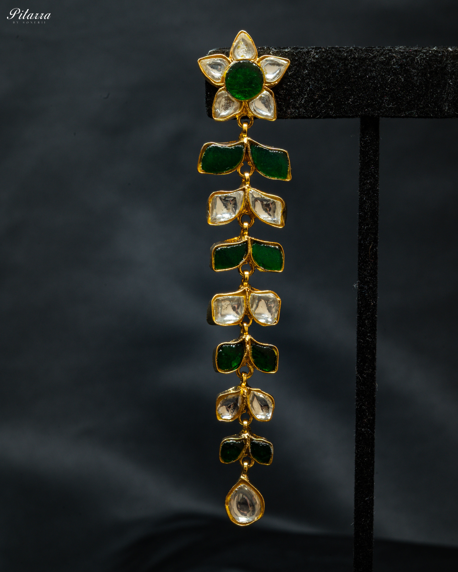 White Green Stone Kundan Long Earring Dangler_Zoom Angle