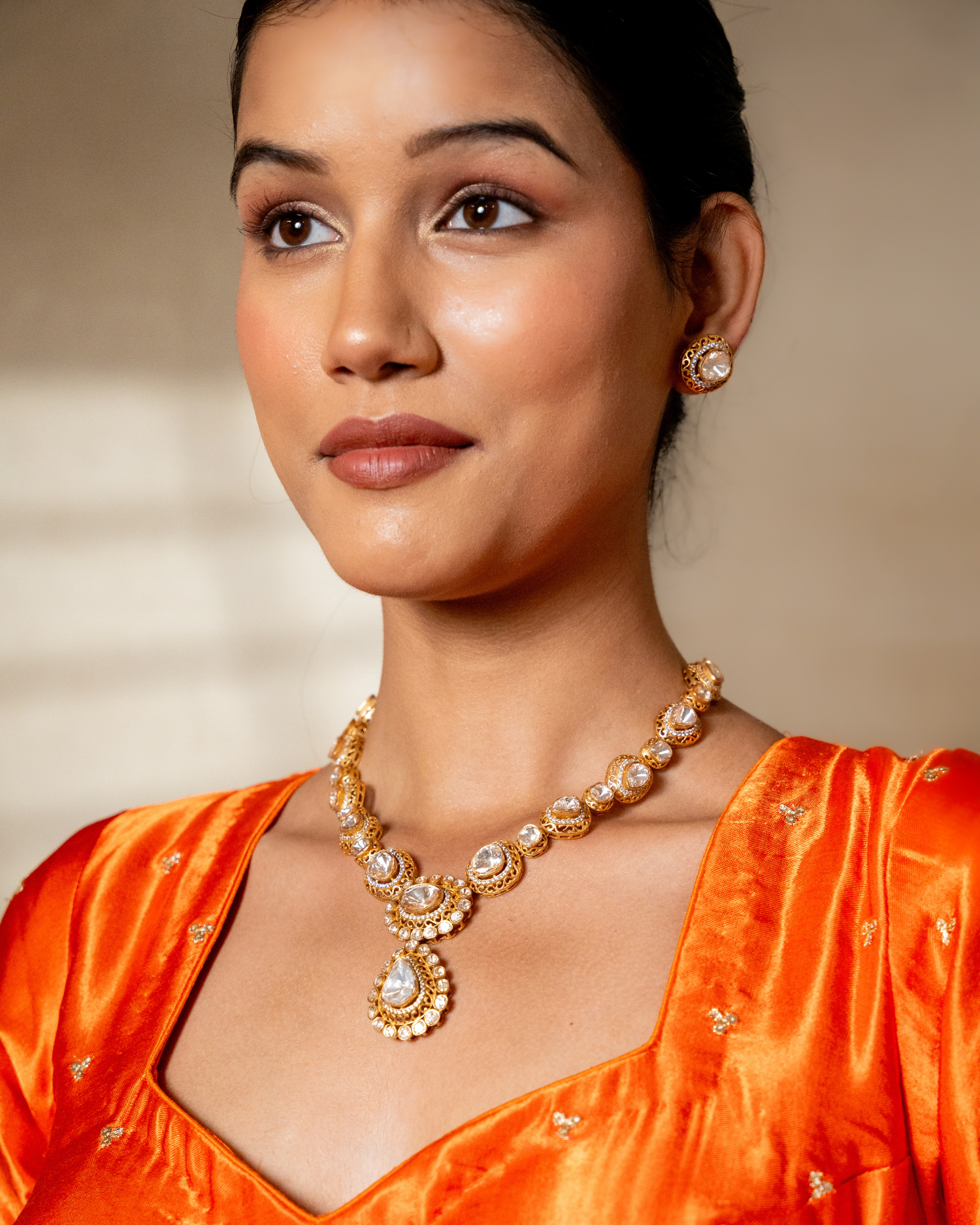 White Uncut Long Traditional Kundan Necklace Set
