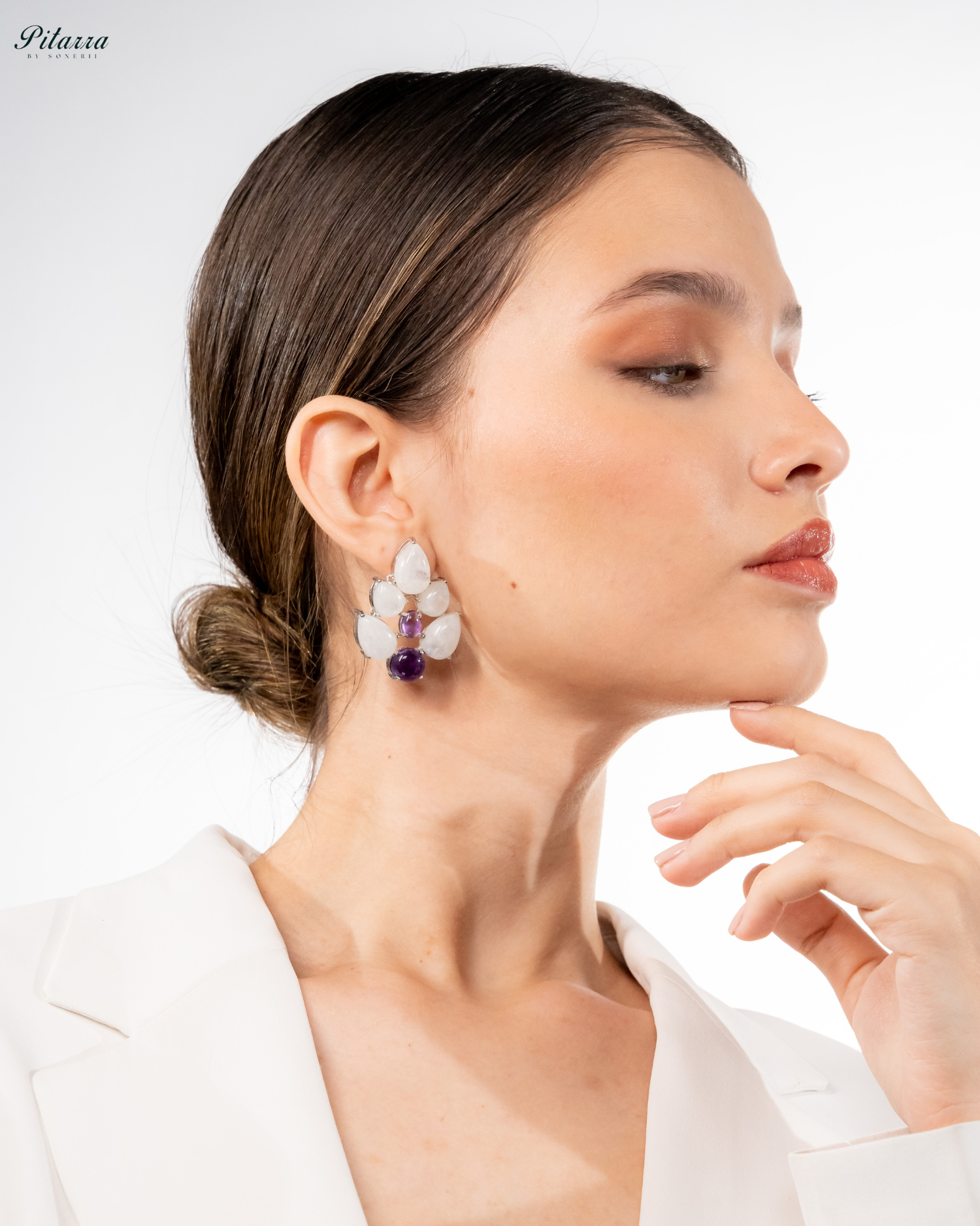 White Purple Ethnic Stud Earrings_Side