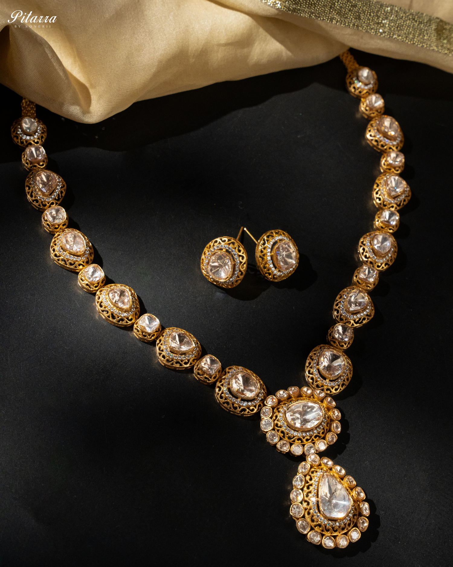 White Uncut Long Traditional Kundan Necklace Set-Style Shoot