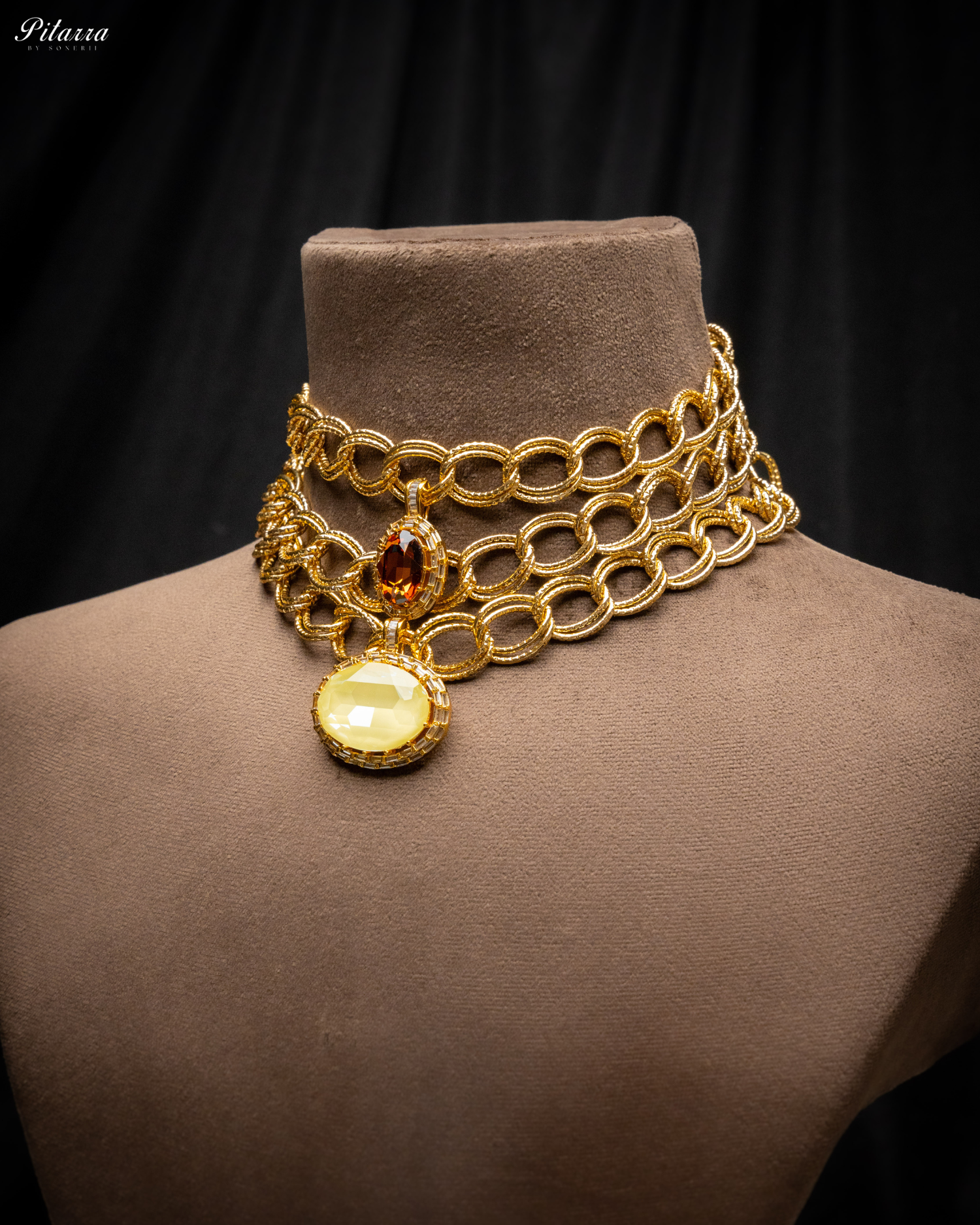Yellow Statement Pendant Golden Chain Choker_Side Angle