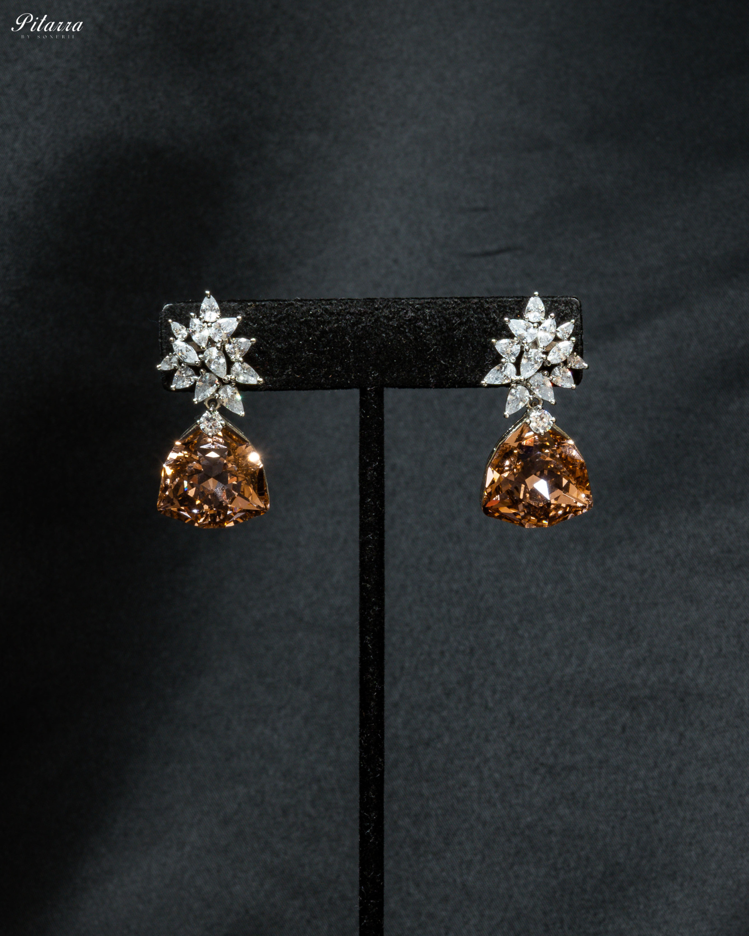 Yellow Stone Silver Floral CZ Stud Earrings_Front Image