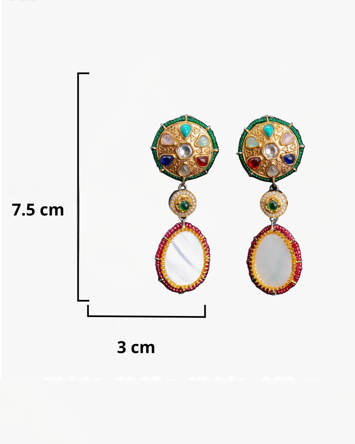 Royal Navratna Inspired Multicolor Kundan Gold Tone Dangler Earrings - Red & Green