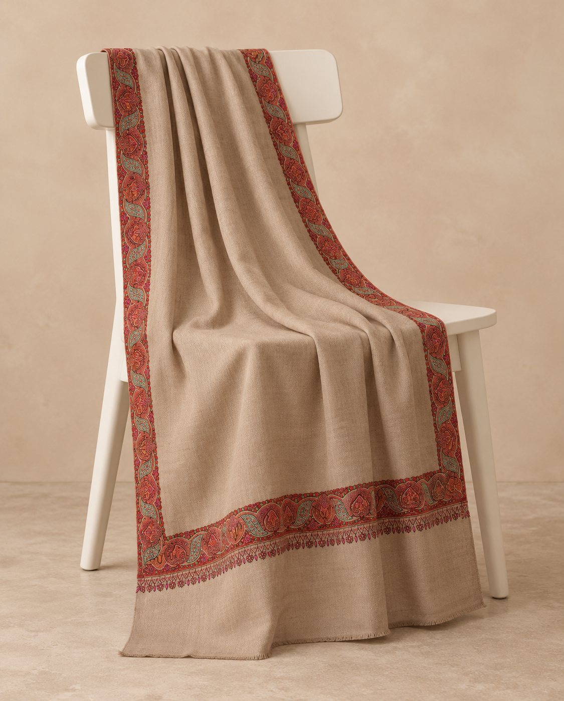 Beige Paisley Border Pashmina Shawl