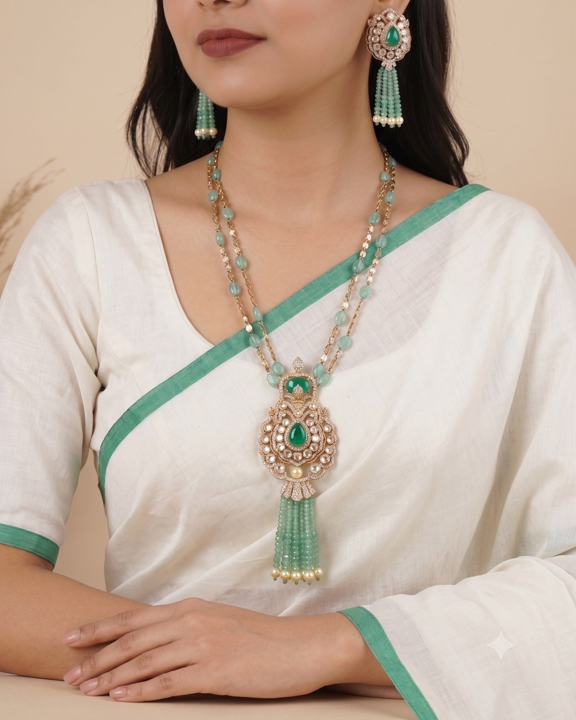 Long Green Beads Kundan Necklace
