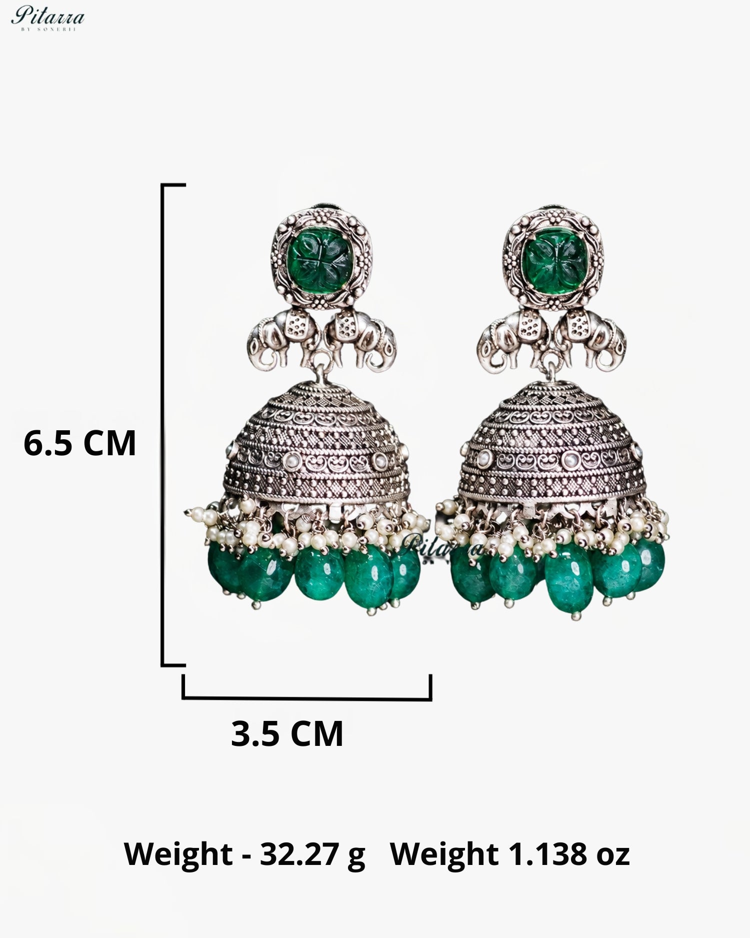 Green Stone Elephant Motif Silver Look-Alike Jhumka Earrings