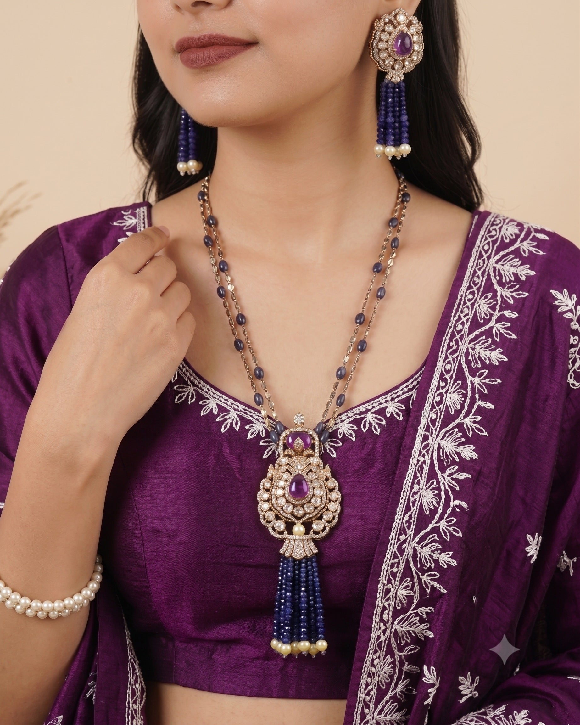 Long Blue Beads Kundan Necklace Set