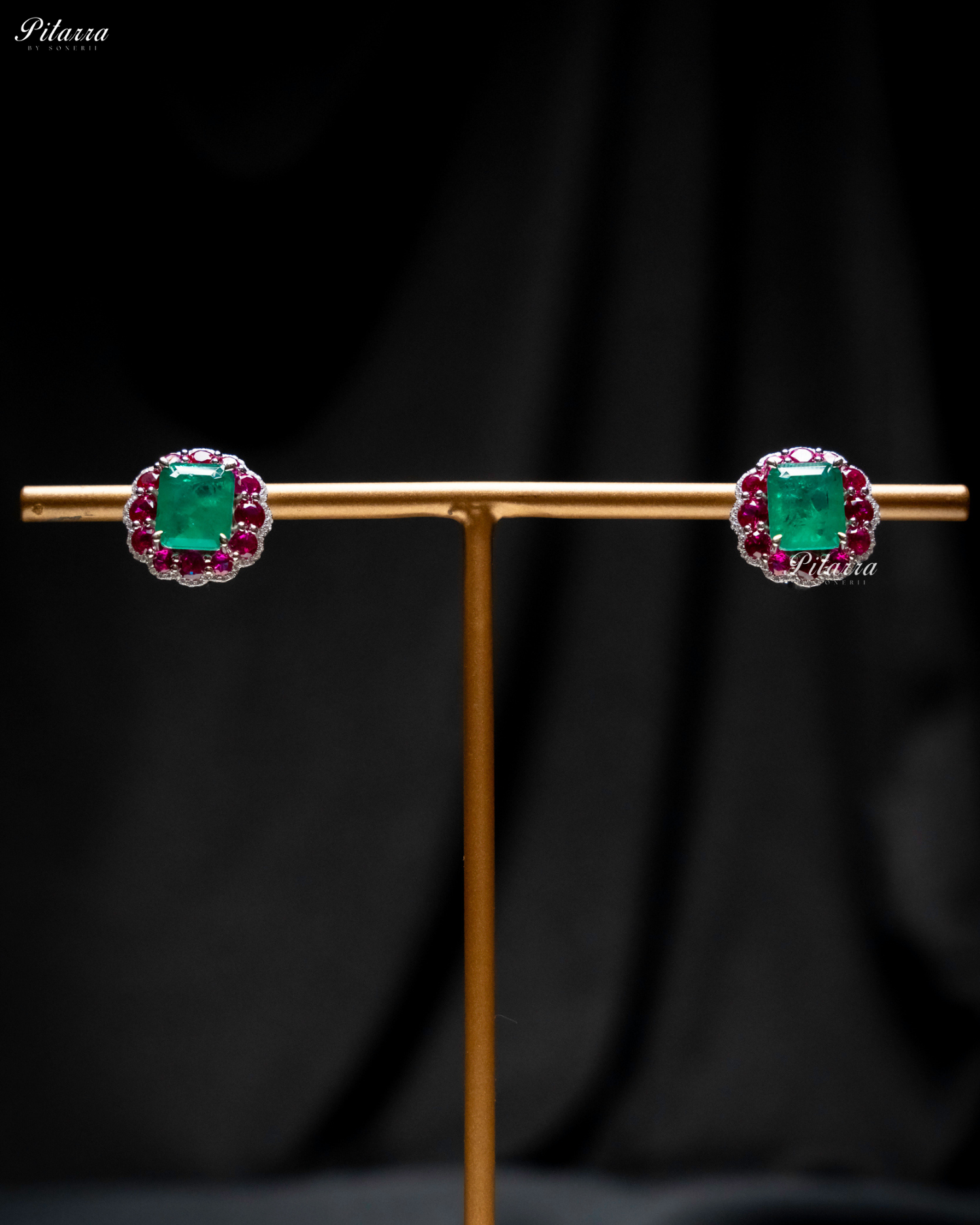 Emerald Stone Pink Line Square 92.5 Silver Neckalce Set