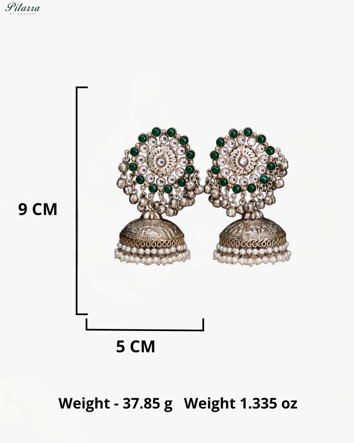 Green Stone & Pearl Silver Look-Alike Jhumka Earrings