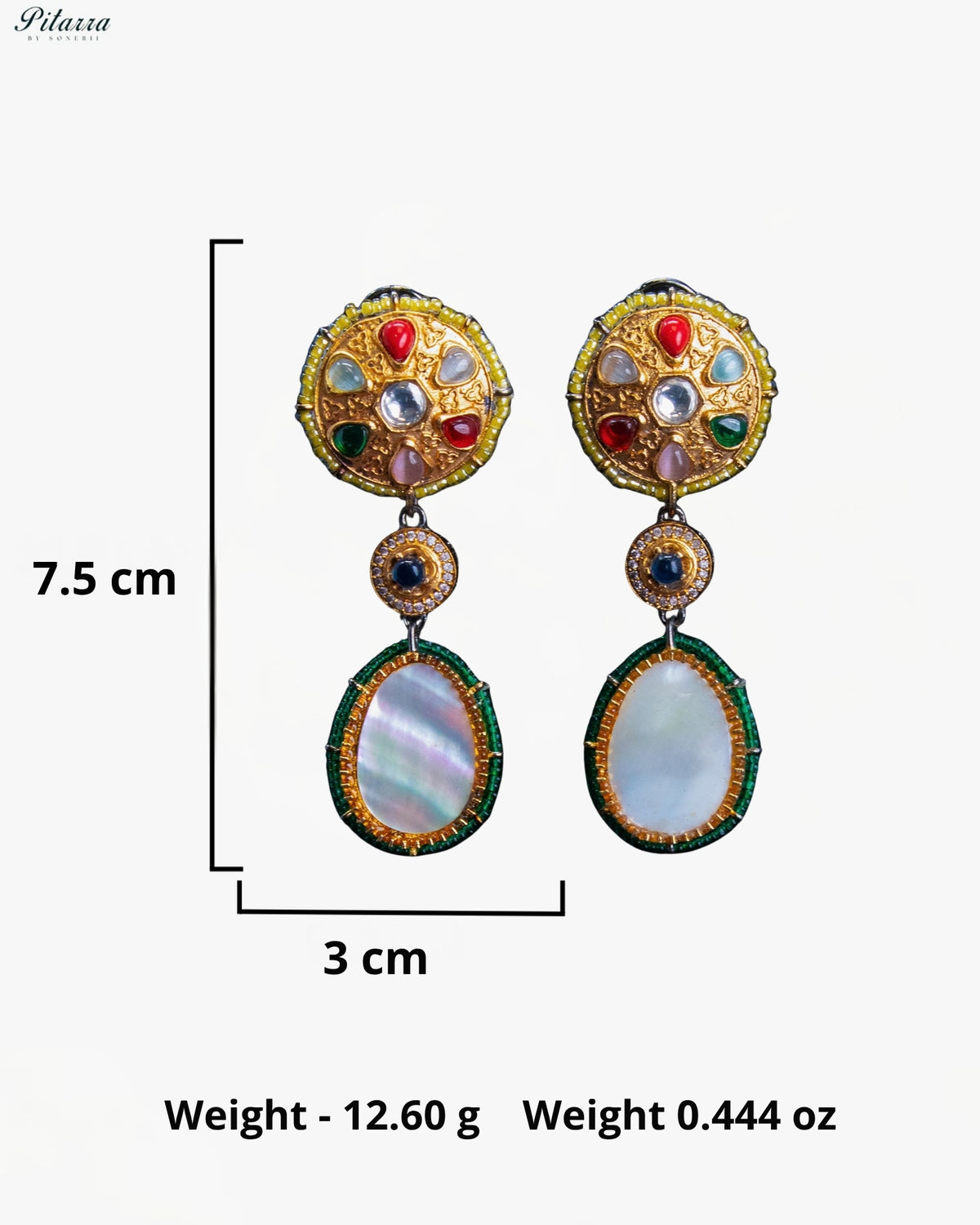 Royal Navratna Inspired Multicolor Kundan Gold Tone Dangler Earrings - Yellow & Green