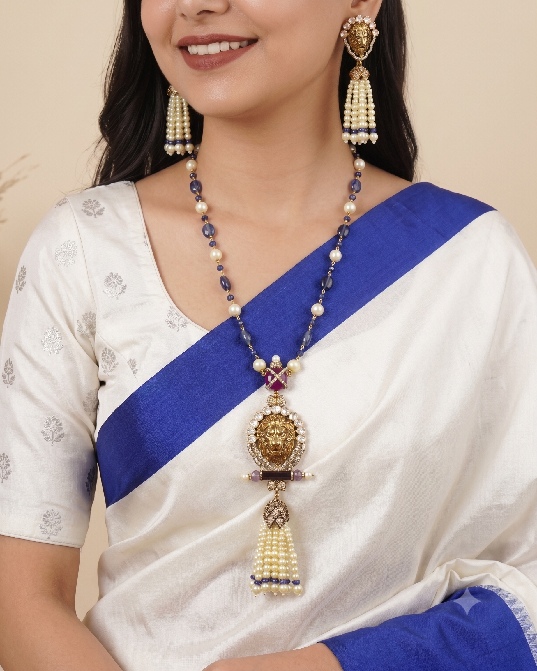Blue Polki Kundan Pendant Necklace Set