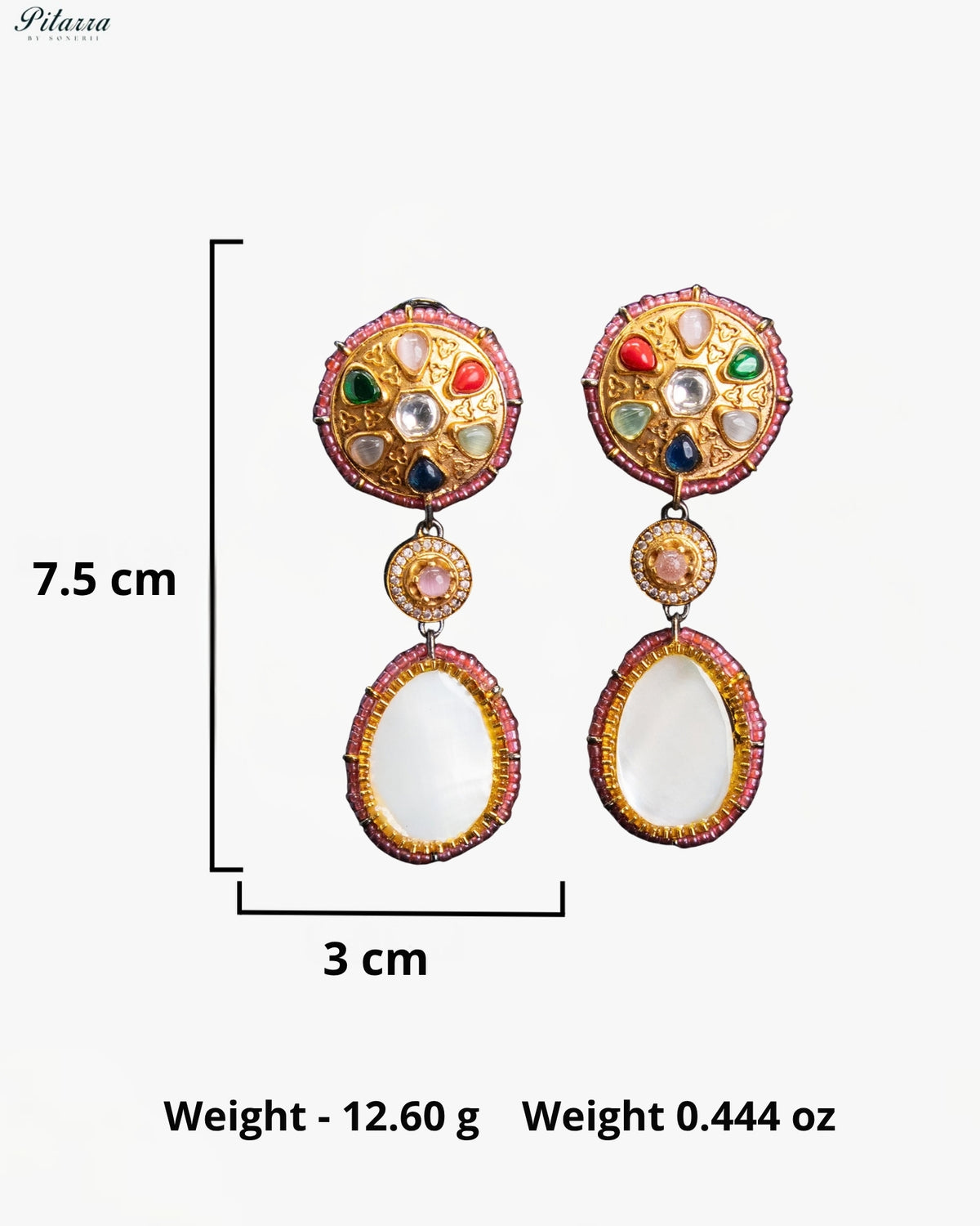 Royal Navratna Inspired Multicolor Kundan Gold Tone Dangler Earrings - Blush Pink