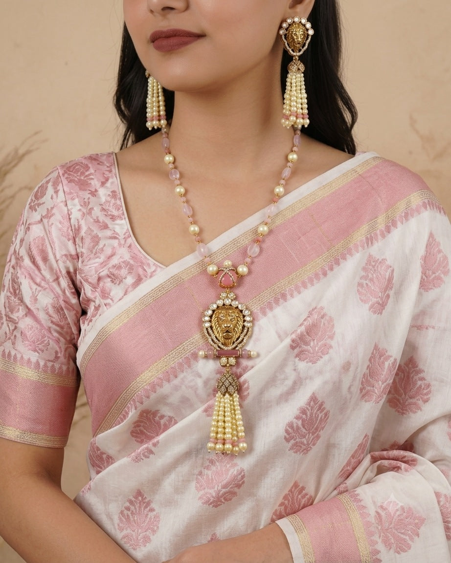 Pink Polki Kundan Pendant Necklace Set