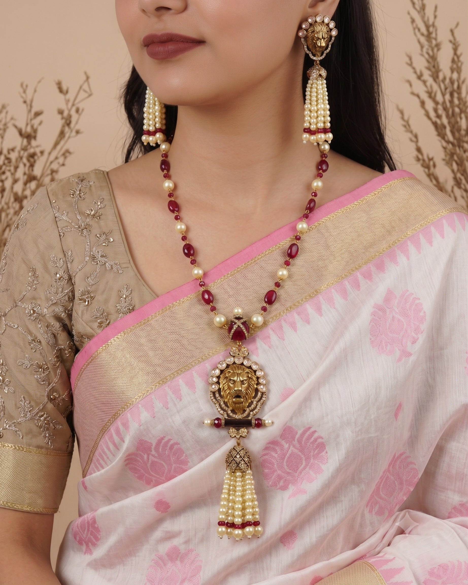 Red Polki Kundan Pendant Necklace Set