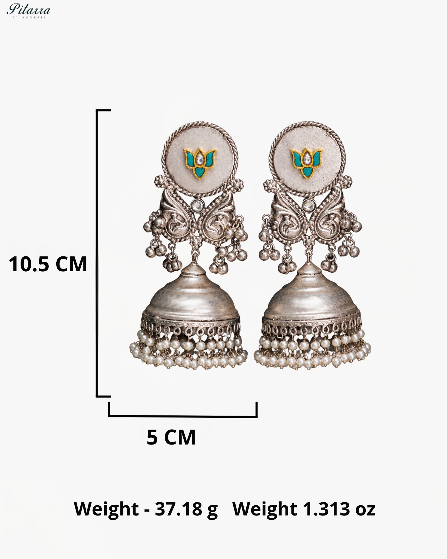 Lotus Motif Silver Look-Alike Pearl Jhumka Earrings