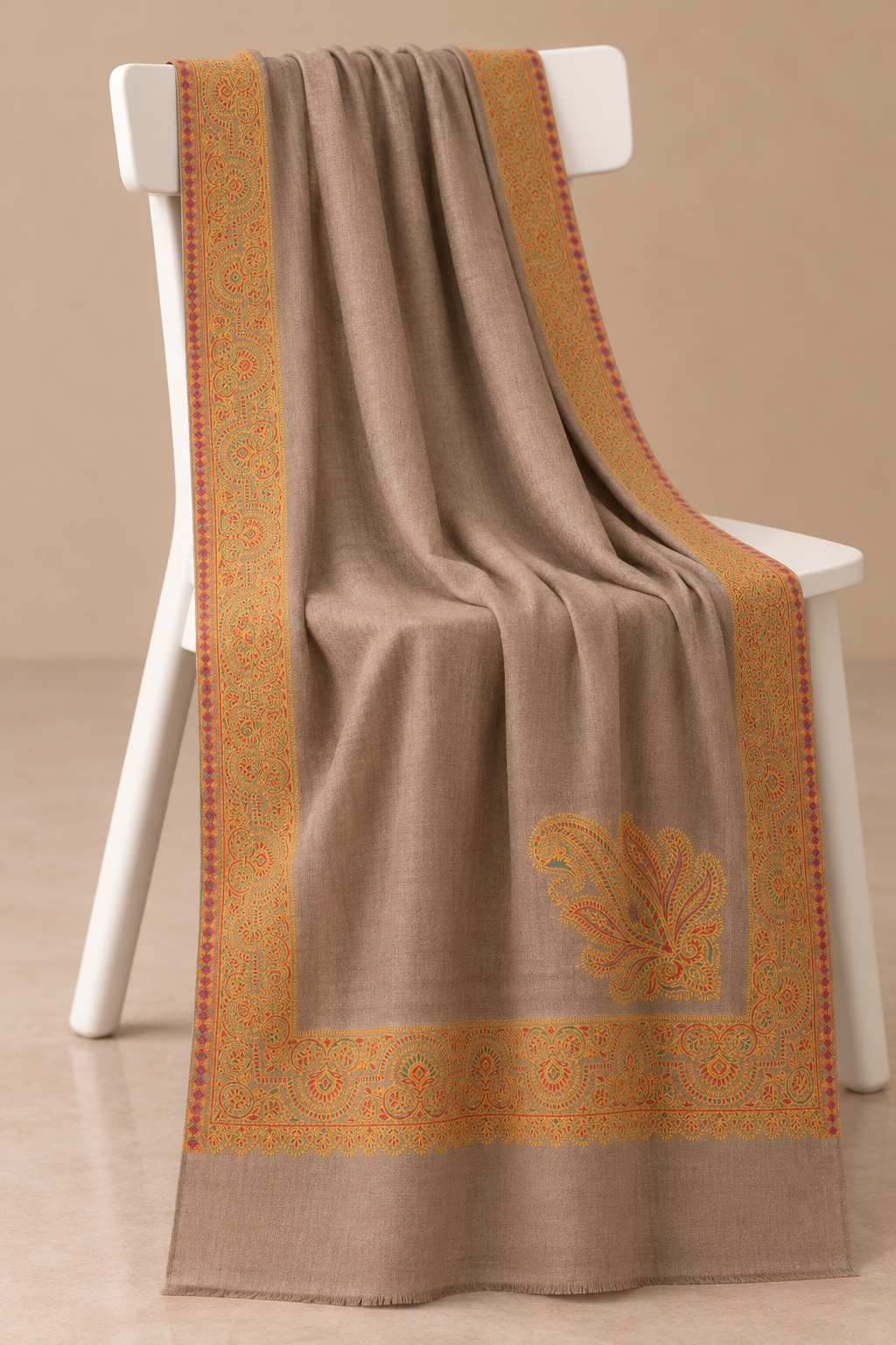 Taupe Brown Paisley Border Kashmiri Pashmina Shawl