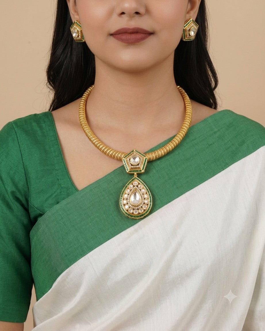 Green Layer Gold Polki Kundan Necklace Set