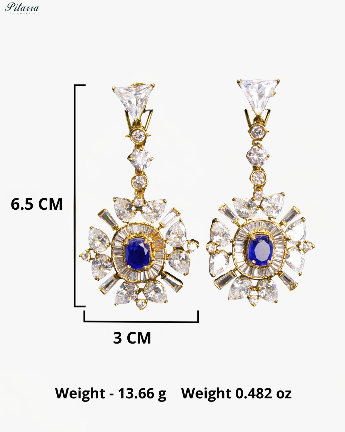 Royal Blue Oval Kundan Sunburst Design Drop Earrings