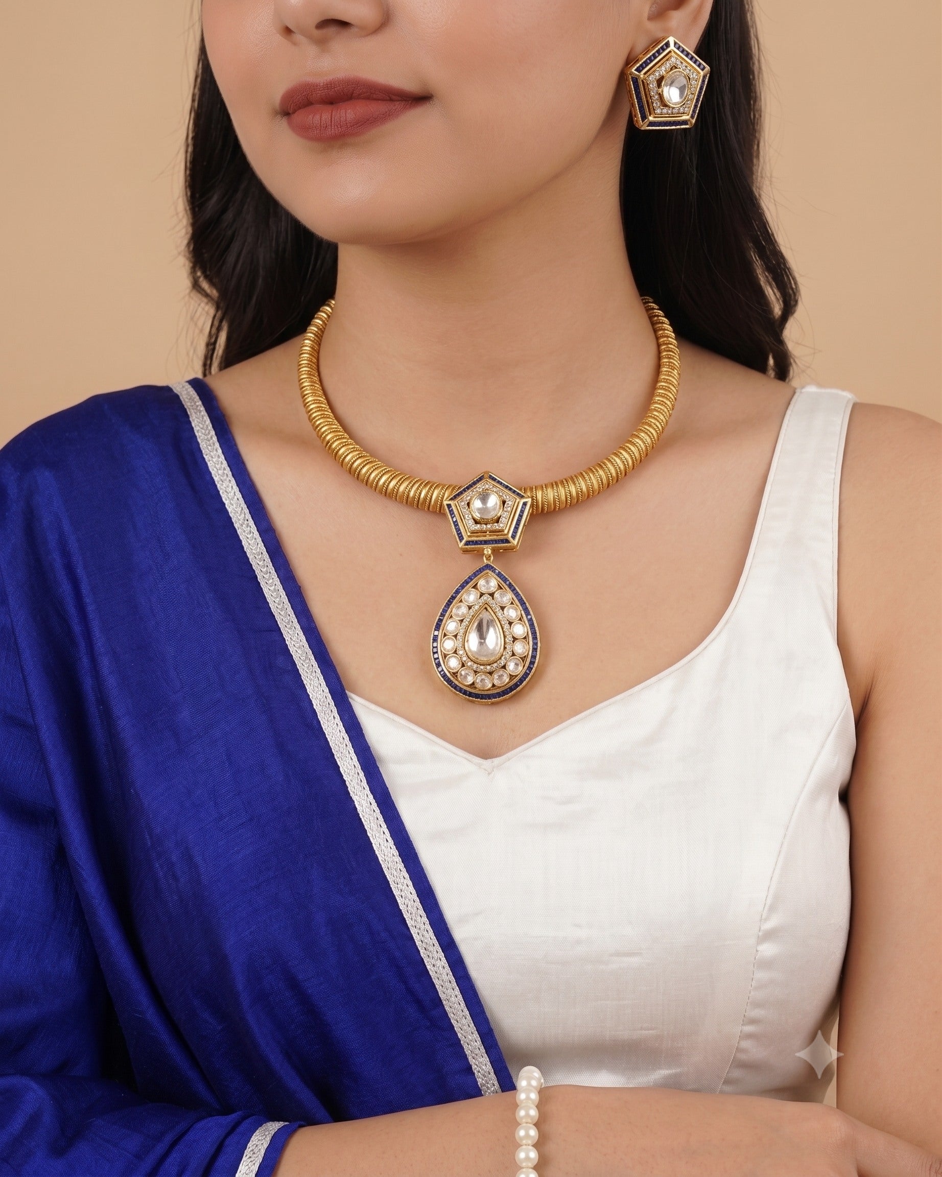 Blue Layer Gold Polki Kundan Necklace Set