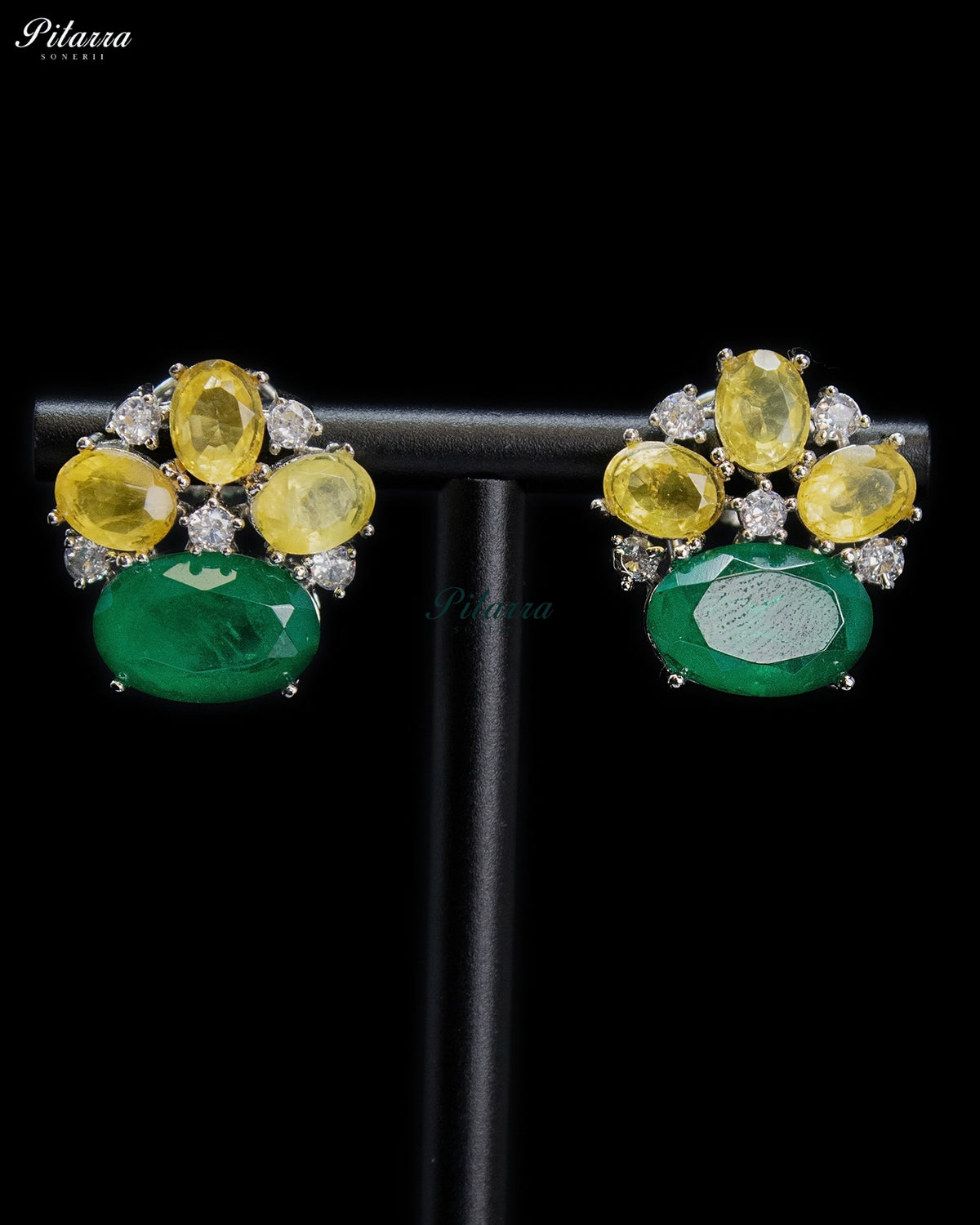 Emerald Green and Yellow Crystal Statement Stud Earrings
