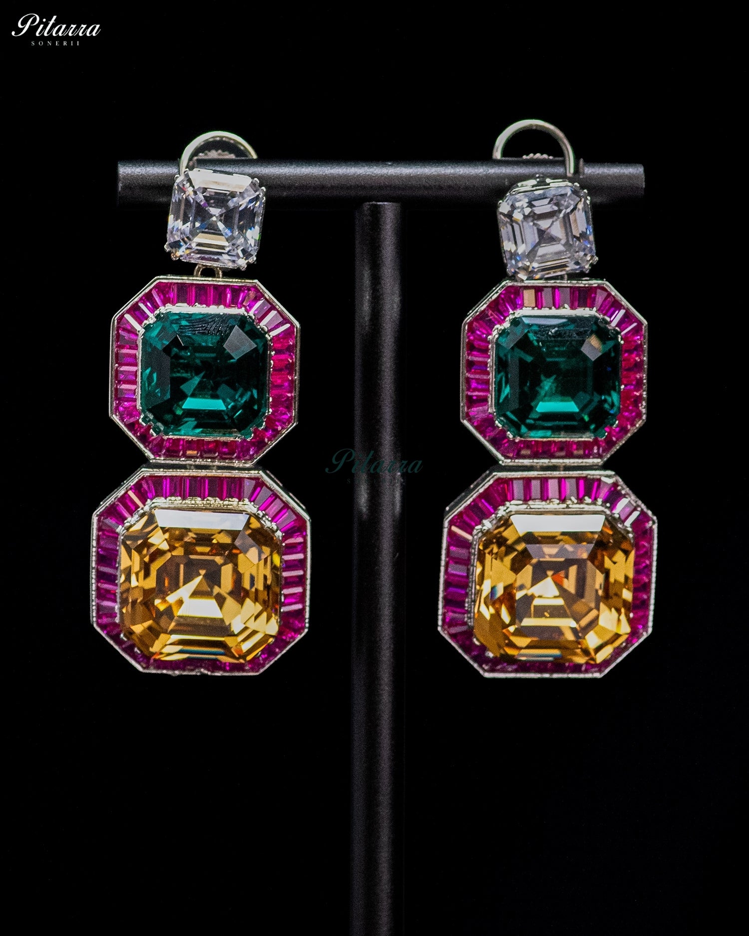 Green and Multicolor Crystal Geometric Statement Earrings
