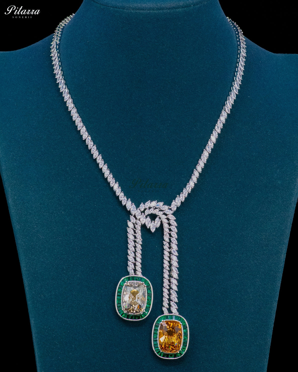 Champagne Stone Green Baguette Zircon Silver Crystal Lariat Necklace Set
