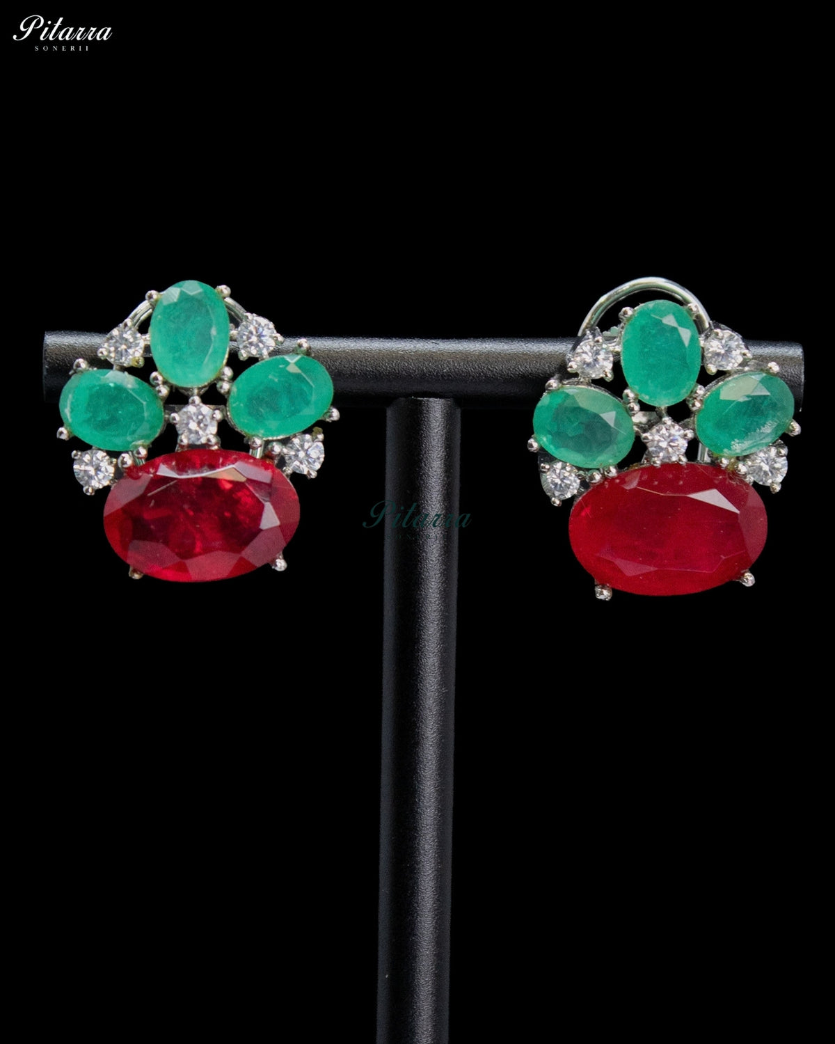 Ruby Red and Emerald Green Crystal Statement Stud Earrings
