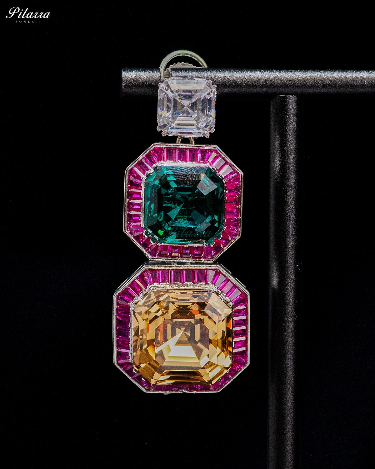 Green and Multicolor Crystal Geometric Statement Earrings