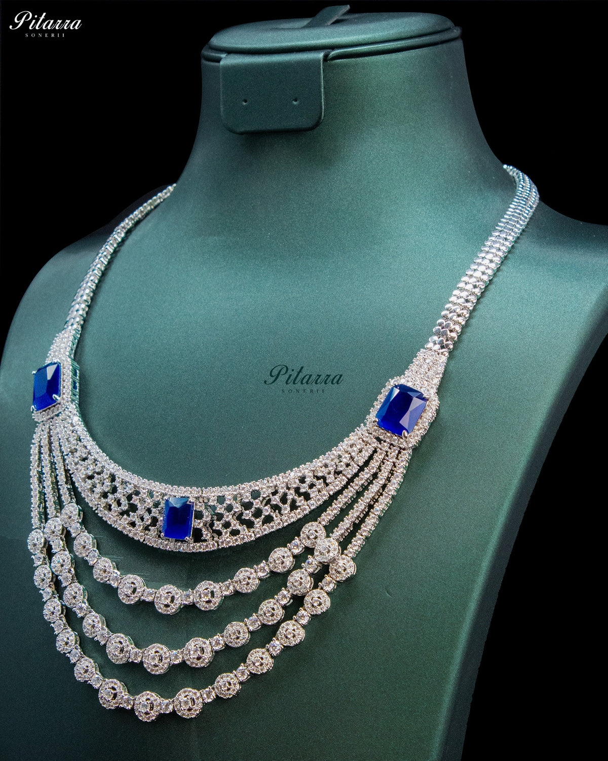 Royal Blue Rectangular Stone Zircon Silver Multi Layer Crystal Necklace Set