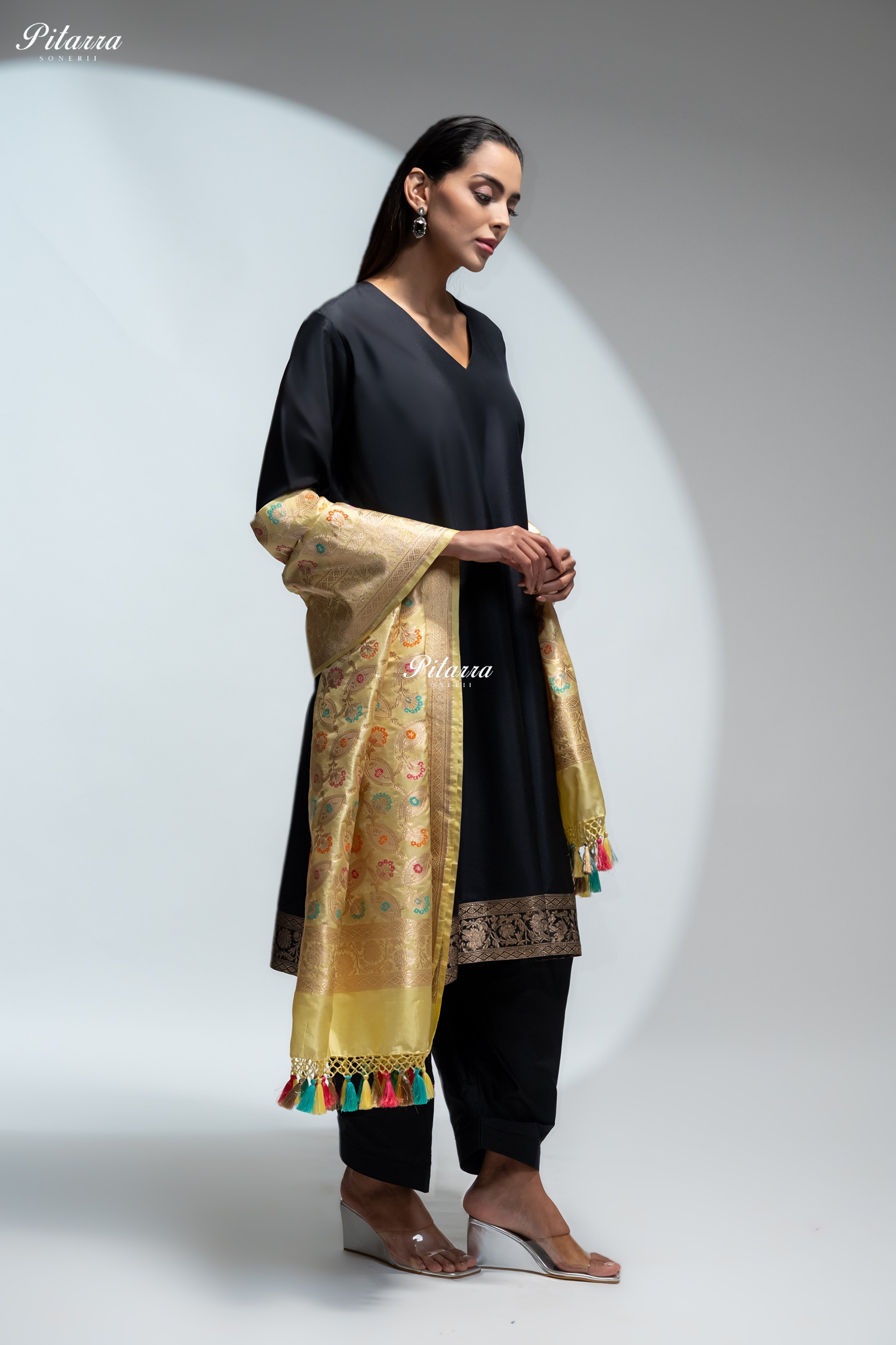 Black Silk Kurta Pant Set with Multicolour Banarasi Dupatta