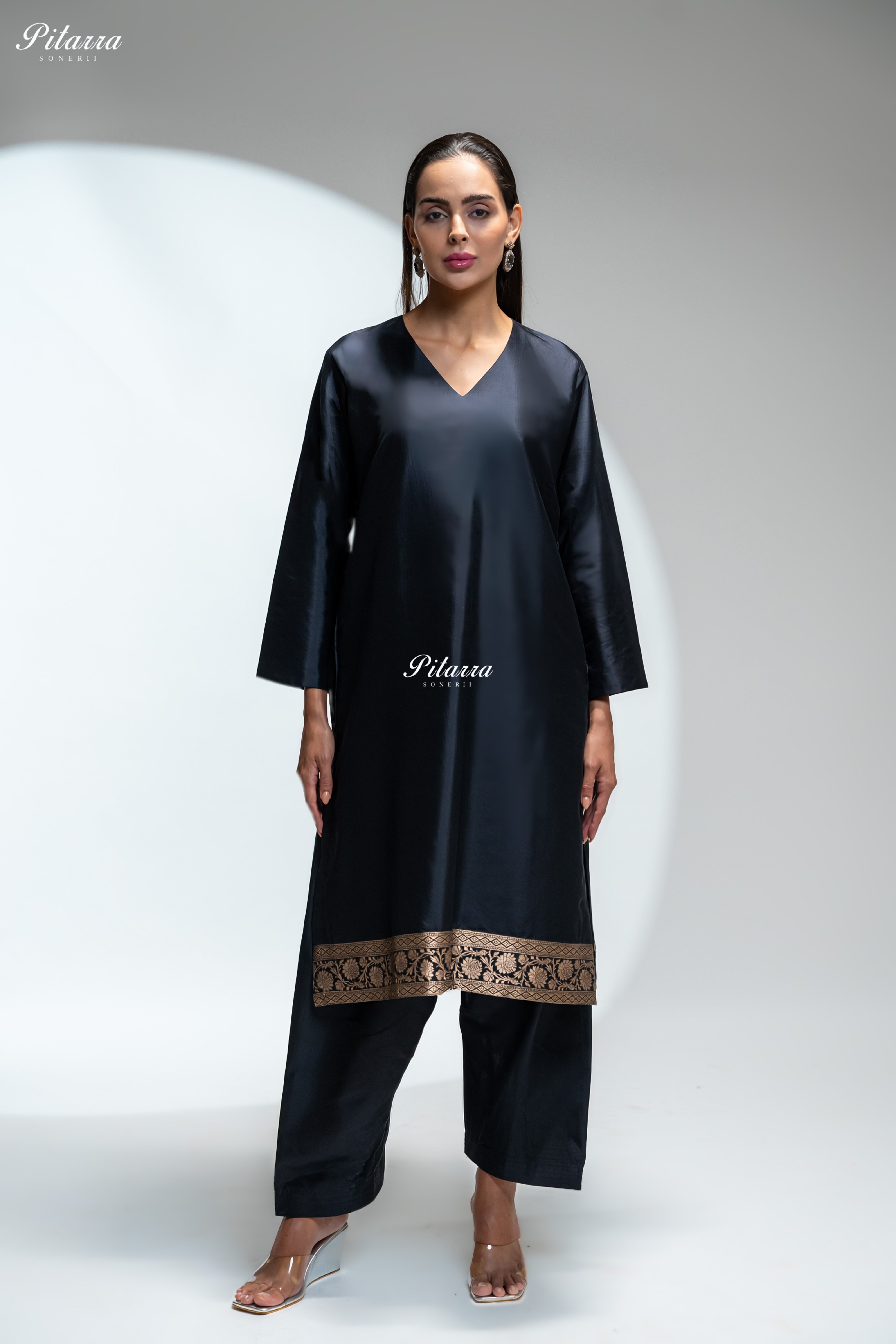 Black Silk Kurta Pant Set with Multicolour Banarasi Dupatta