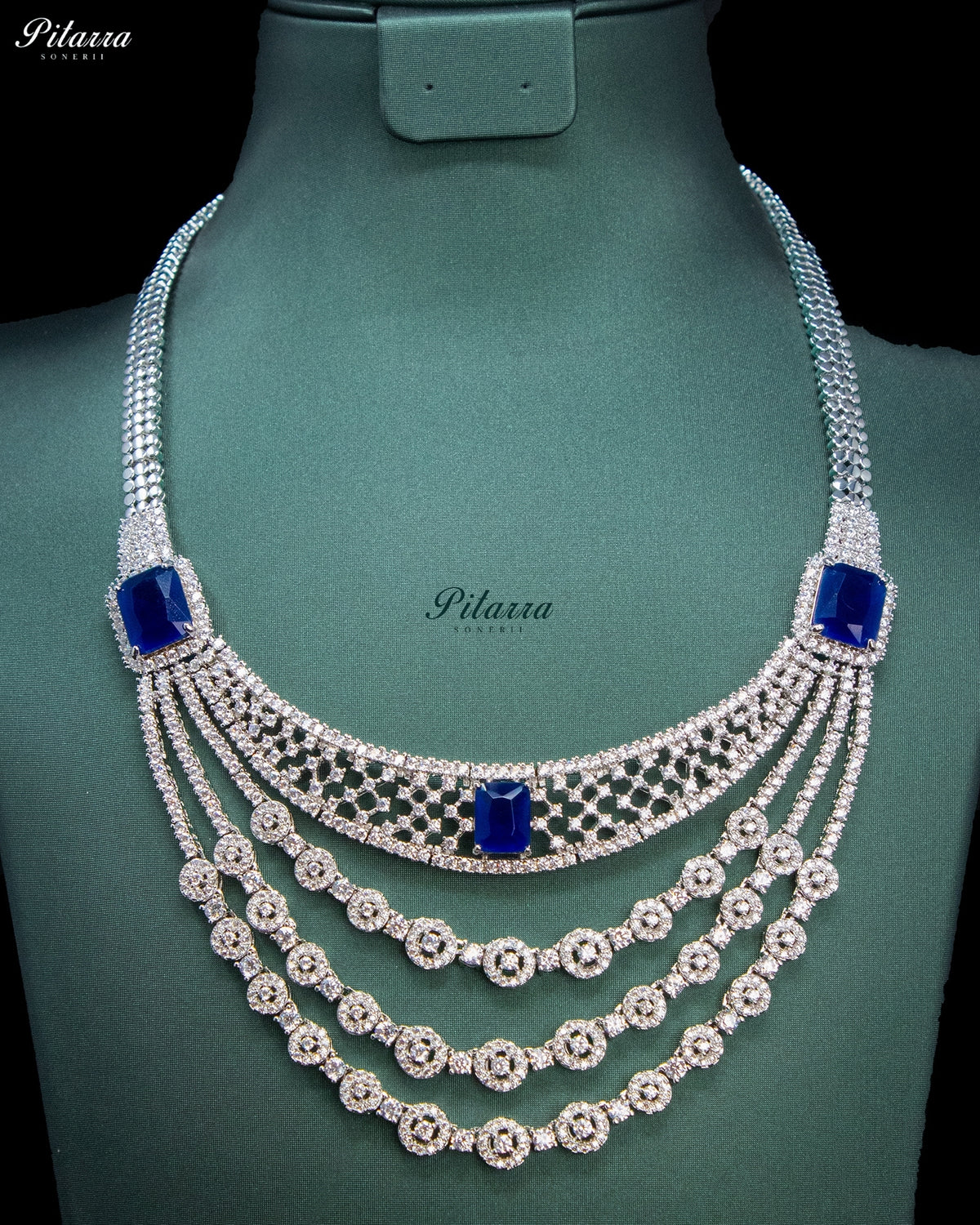 Royal Blue Rectangular Stone Zircon Silver Multi Layer Crystal Necklace Set
