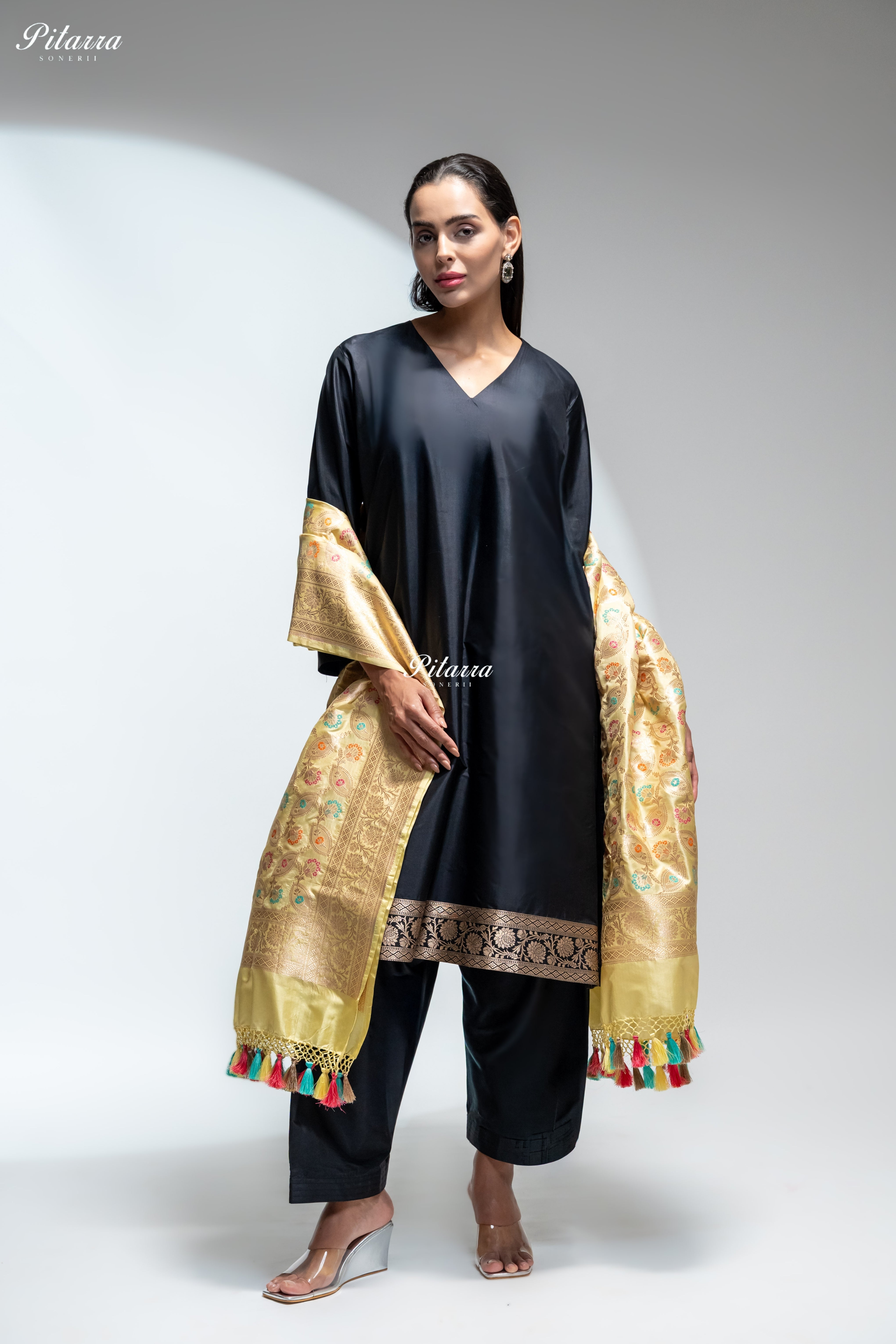 Black Silk Kurta Pant Set with Multicolour Banarasi Dupatta