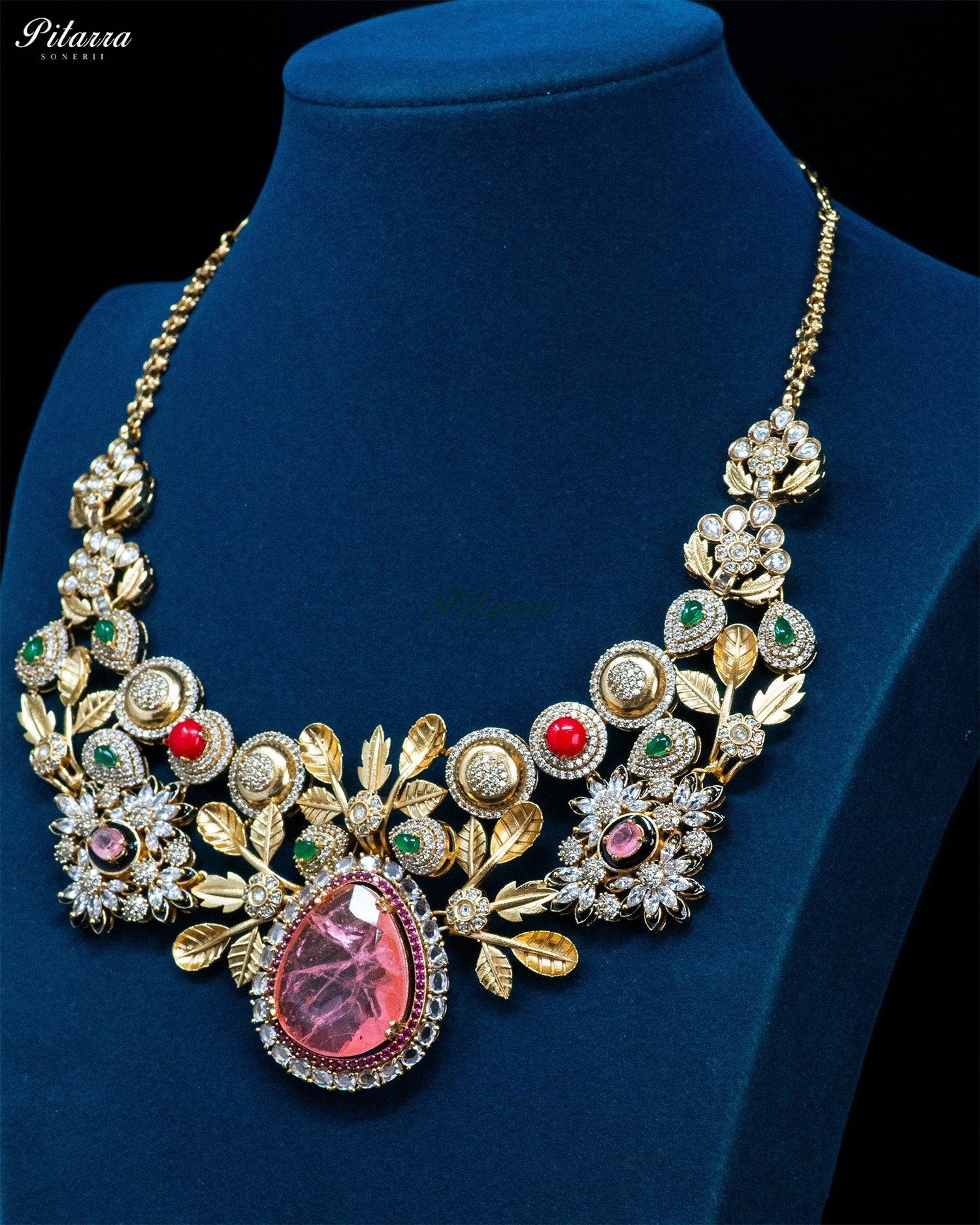 Pink Teardrop Floral Kundan Necklace Set