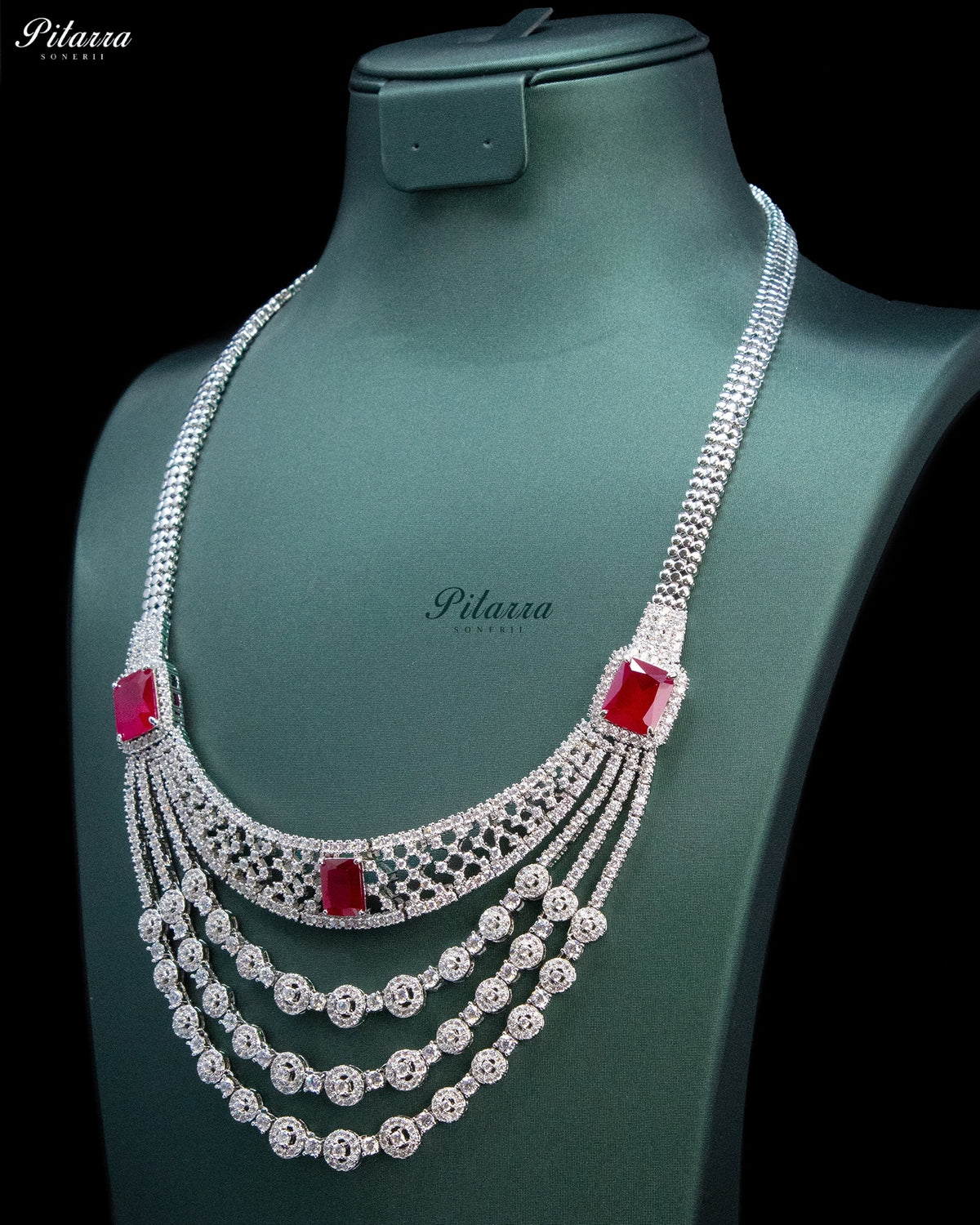 Ruby Red Rectangular Stone Zircon Silver Multi Layer Crystal Necklace Set