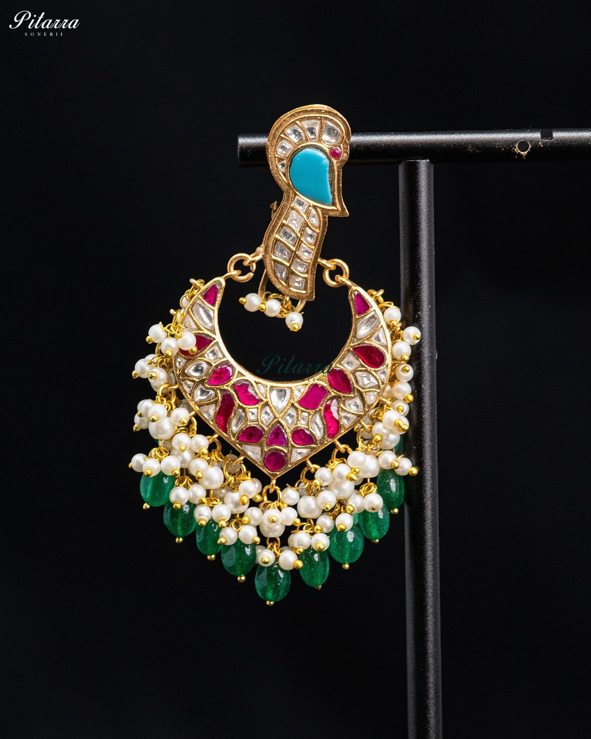Ruby Green Pearl Kundan Chandbali Earrings