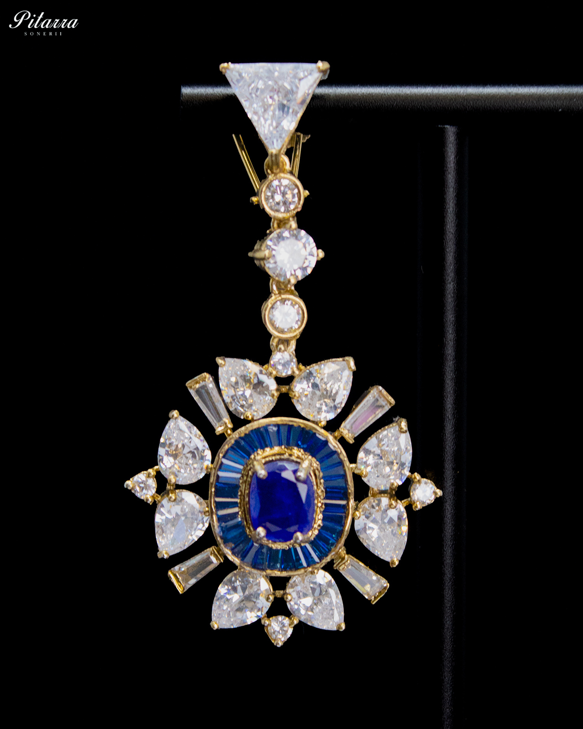Royal Blue Oval Kundan Sunburst Design Drop Earrings