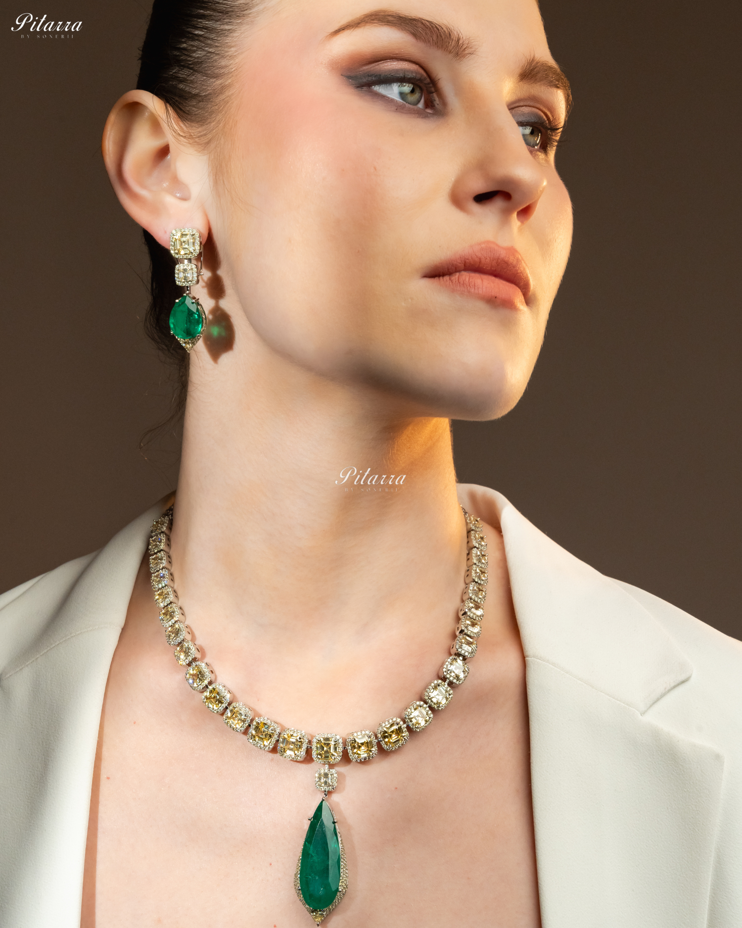 Emerald Crystals Cut  Silver Plated Zircon Necklace Set