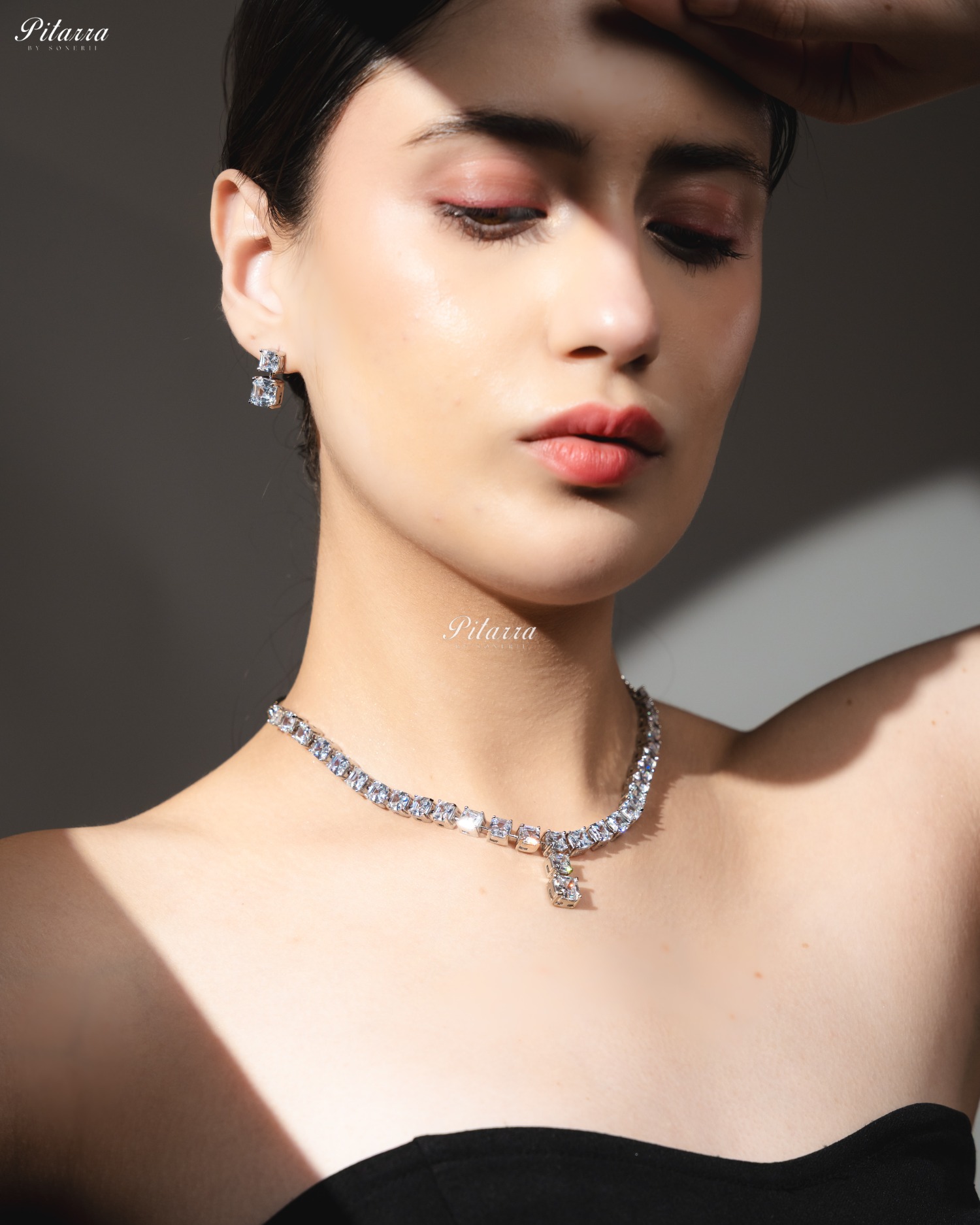 White Tone One Layer Square Drop Statement Necklace Set