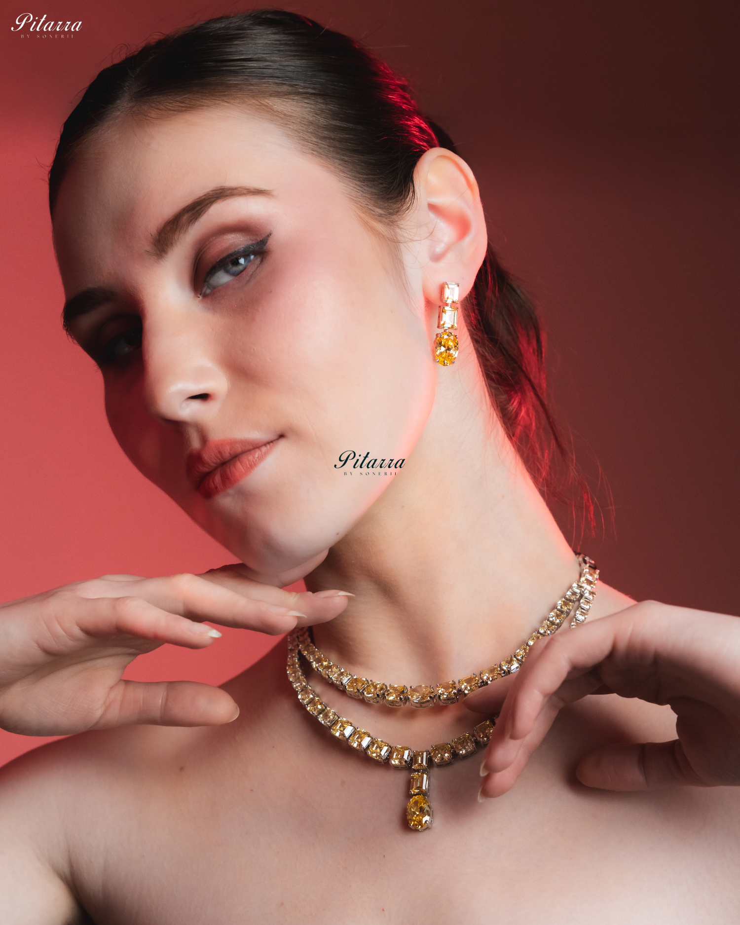 Yellow Two Layer Square Drop Statement Necklace Set